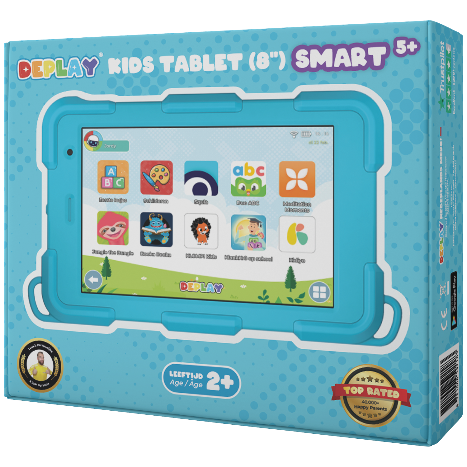 A box shows a blue kids tablet. The screen displays apps. Text includes 'DEPLAY,' 'SMART,' and 'TOP RATED'.