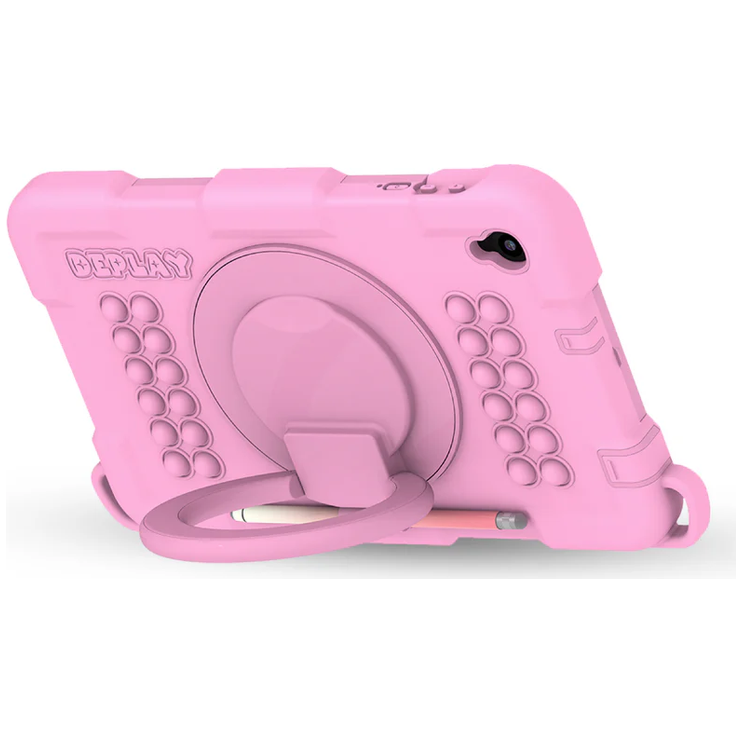 Pink tablet case with a ring holder and a pencil. The case has the word "DEPLAY" on it.
