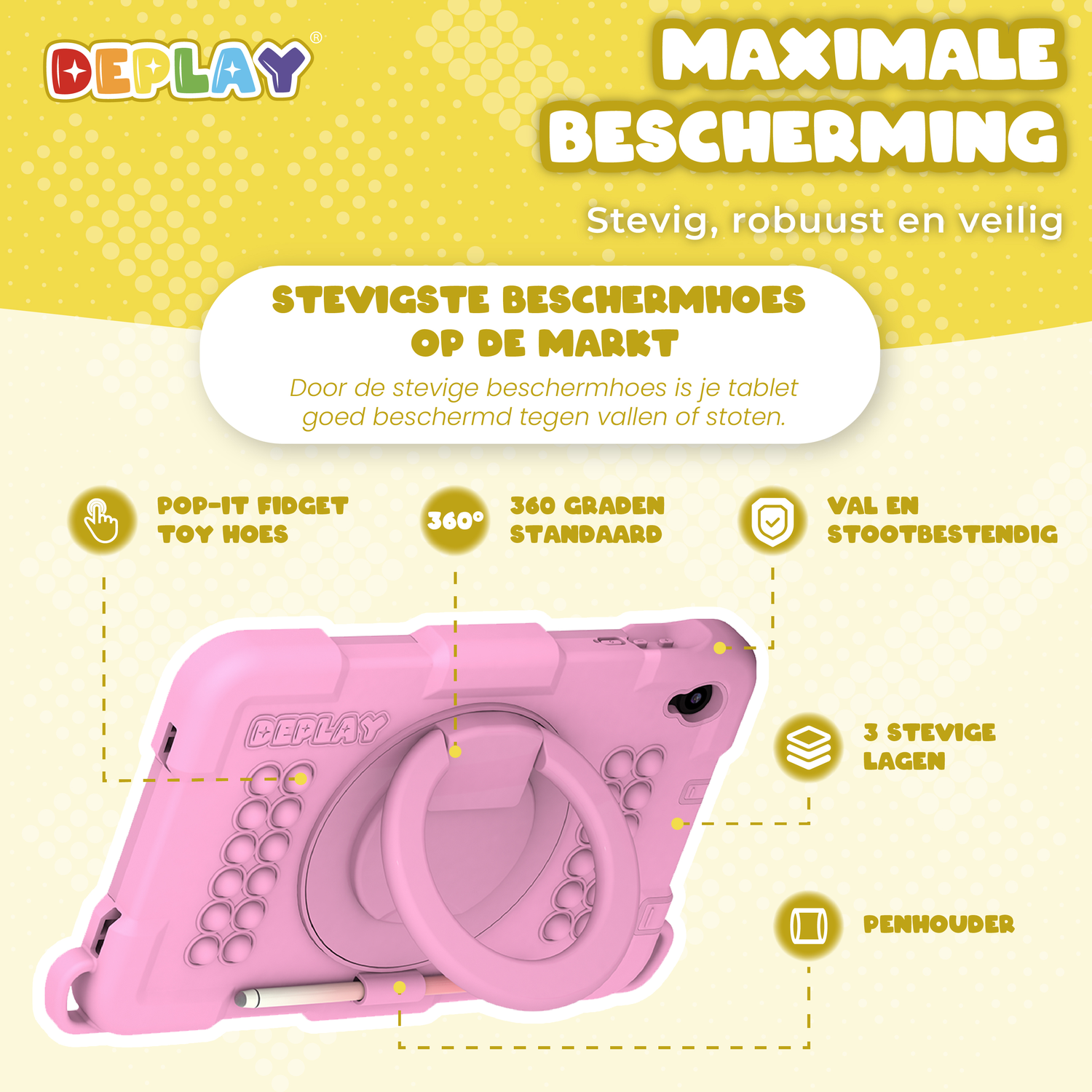 Pink tablet case with a ring holder. It has the brand name Deplay and is advertised as drop-resistant with 3 layers.
