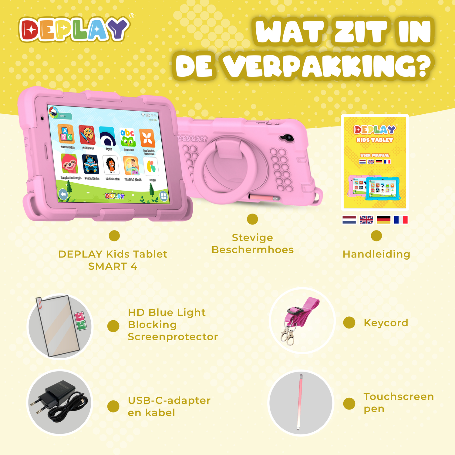 Pink Deplay kids tablet, camera, user manual, screen protector, charger, keycord, and touchscreen pen are on a yellow background.