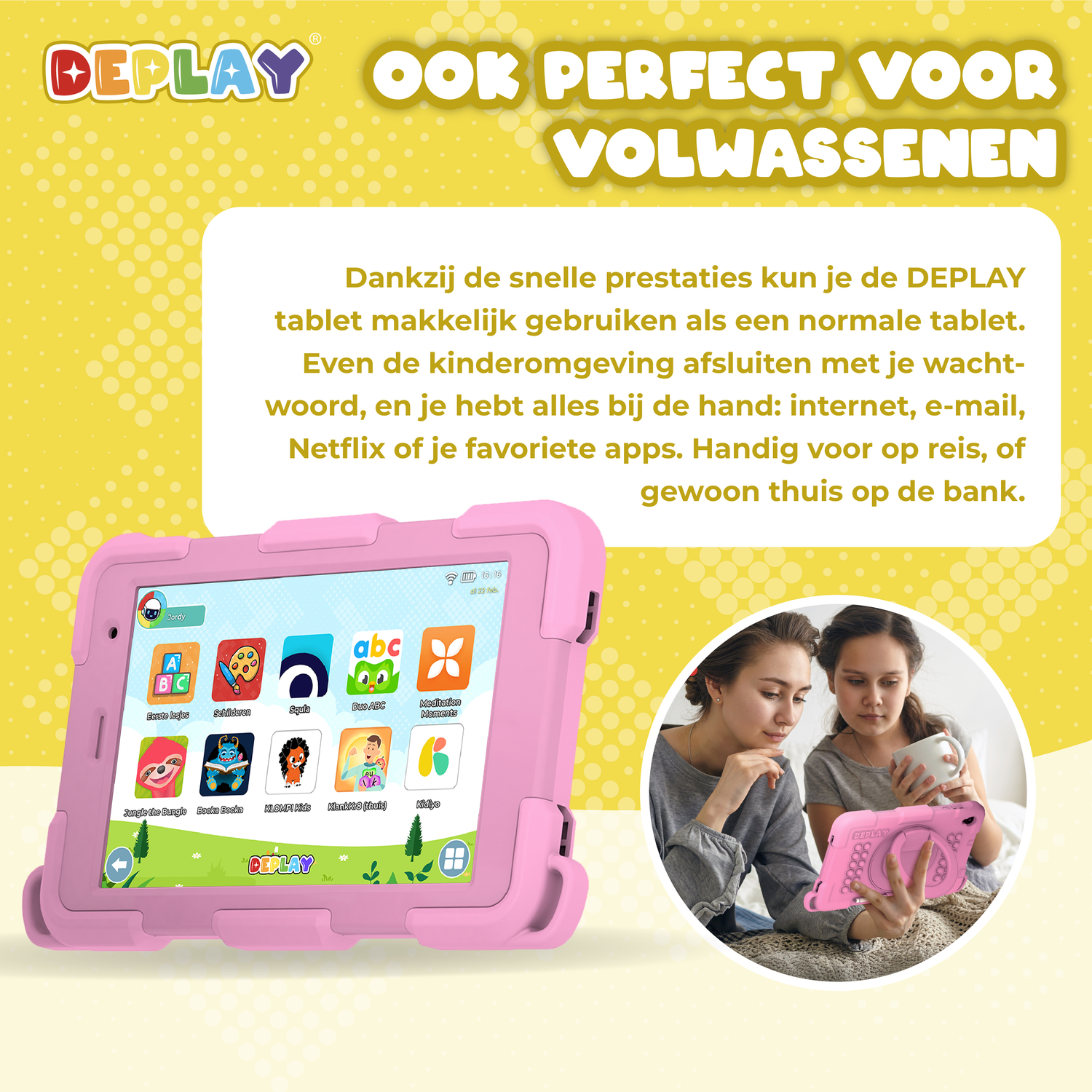 Two women looking at a pink tablet. The tablet is in a pink case. Text on the screen with colorful icons, and the Deplay logo is visible.