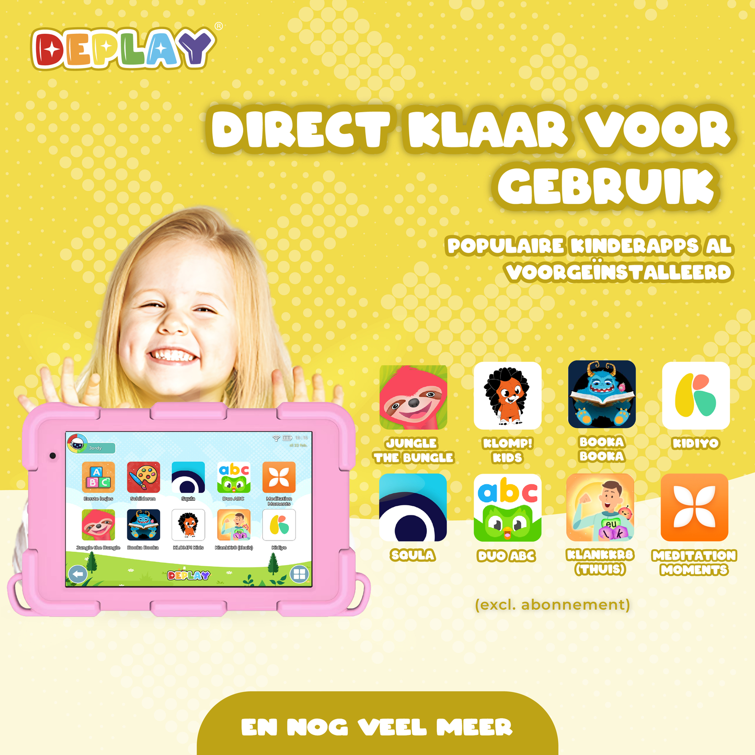A girl smiles, holding a pink tablet with app icons. Text says 'Direct klaar voor gebruik'. Various apps are shown.