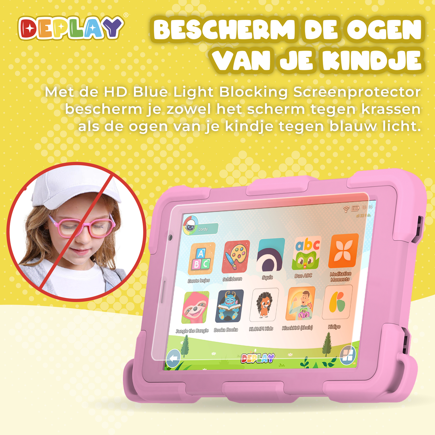 Pink tablet with screen apps, a child wearing glasses crossed out, and text about eye protection.