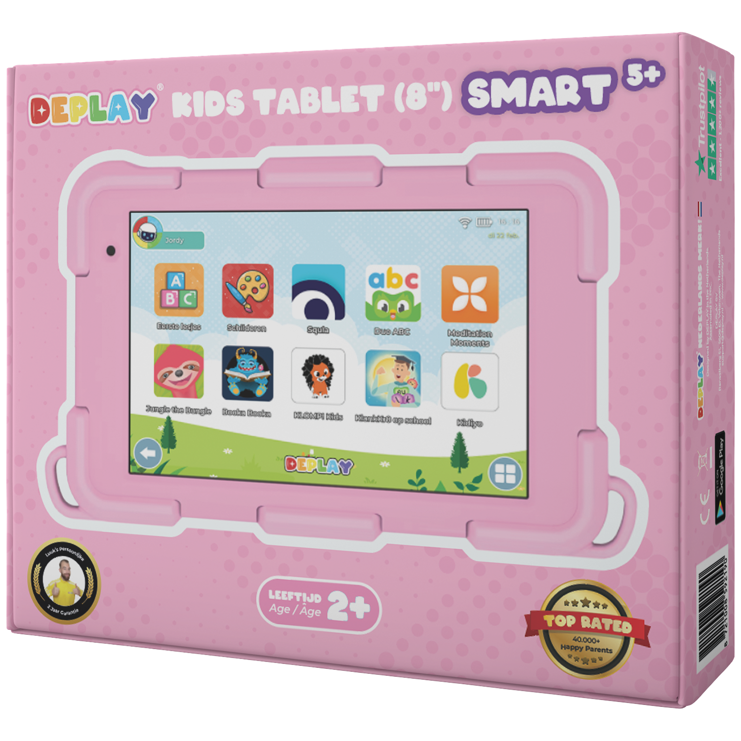 Pink tablet box. Displaying a pink tablet with colorful apps. Text includes 'DEPLAY KIDS TABLET' and '2+' age.