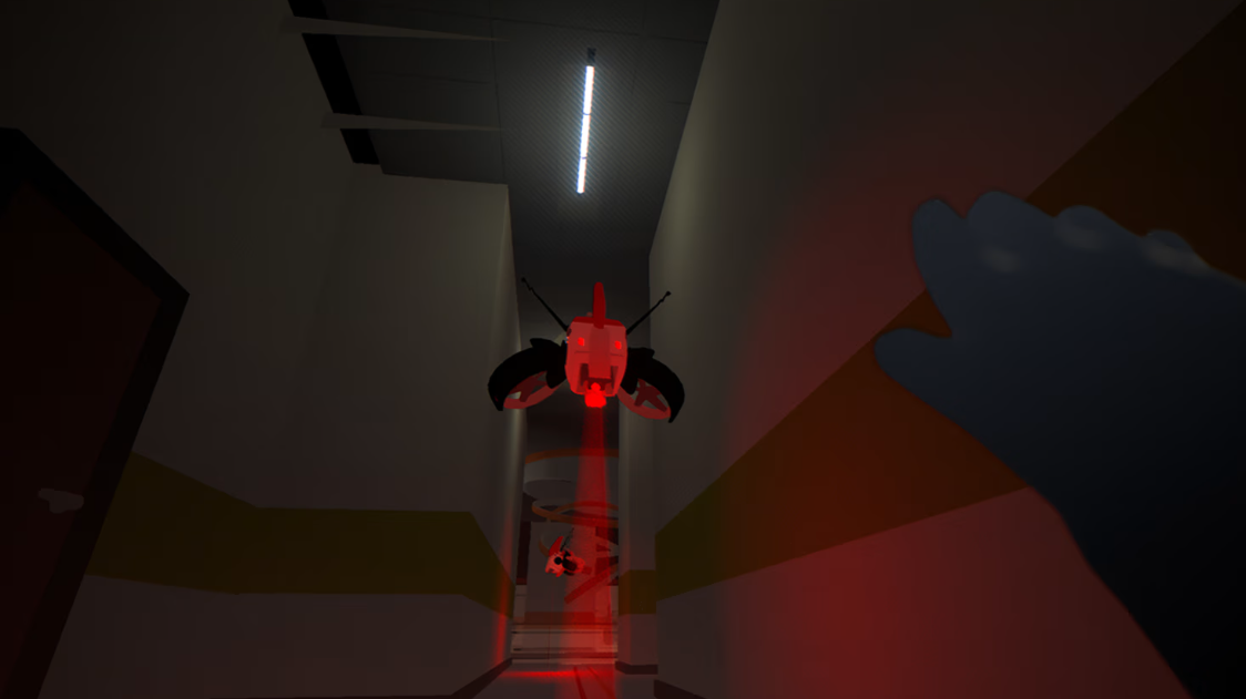 Eine Flurszene mit einem roten Roboter und einer Hand. Der Roboter emittiert einen roten Strahl. Die Szene ist dunkel mit gelben und braunen Wänden.