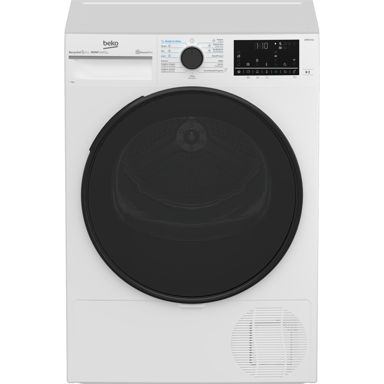 Un sèche-linge Beko blanc avec une porte noire. Il possède un panneau de commande et diverses options de séchage.