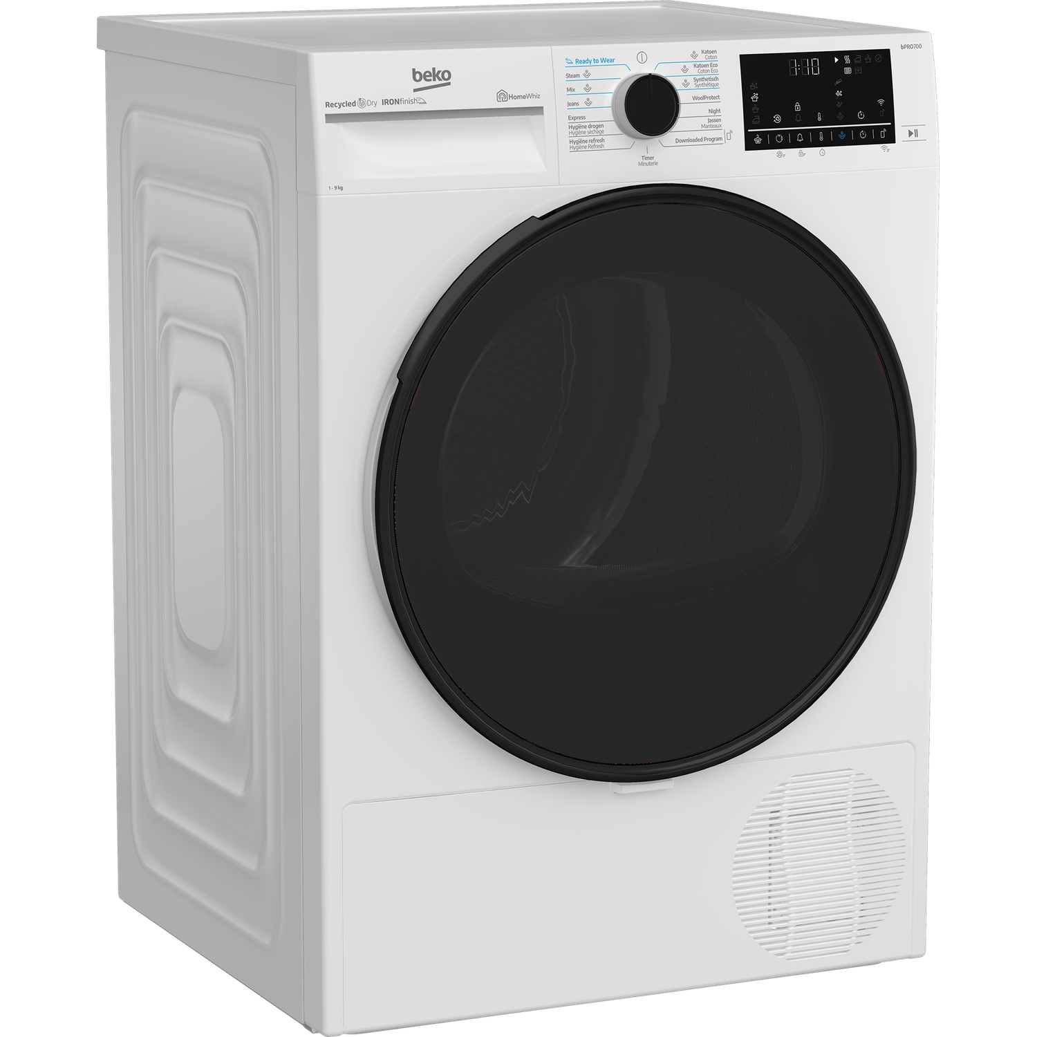 Un sèche-linge Beko blanc. Il a une grande porte noire, un panneau de commande avec écran et diverses options de programme.