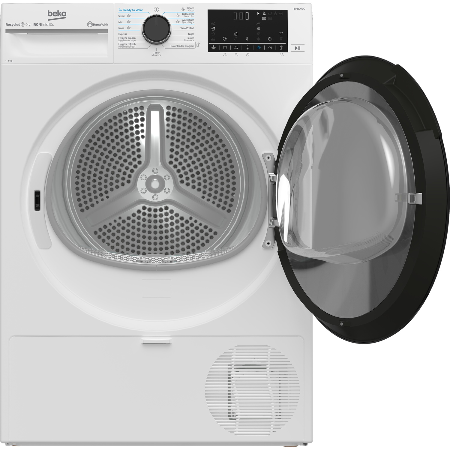 Un sèche-linge Beko blanc avec la porte ouverte. Il a un affichage numérique et des réglages pour les tissus.