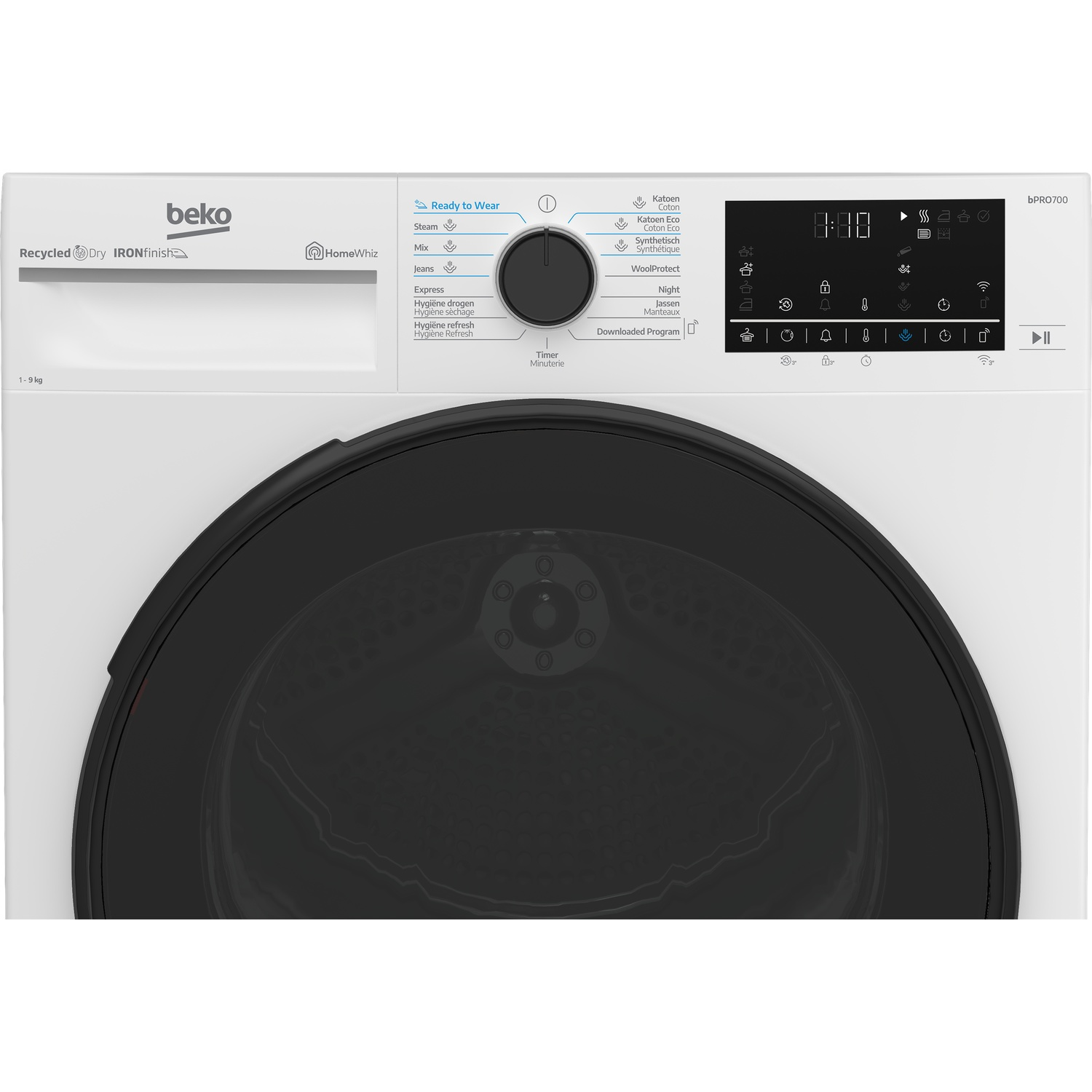 Un sèche-linge Beko blanc avec une porte noire. Il possède un affichage numérique et des boutons pour les programmes.