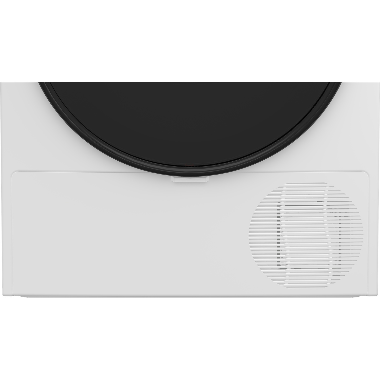Vue de dessus d'un sèche-linge blanc. Il a une porte noire et une façade blanche avec une ventilation circulaire.