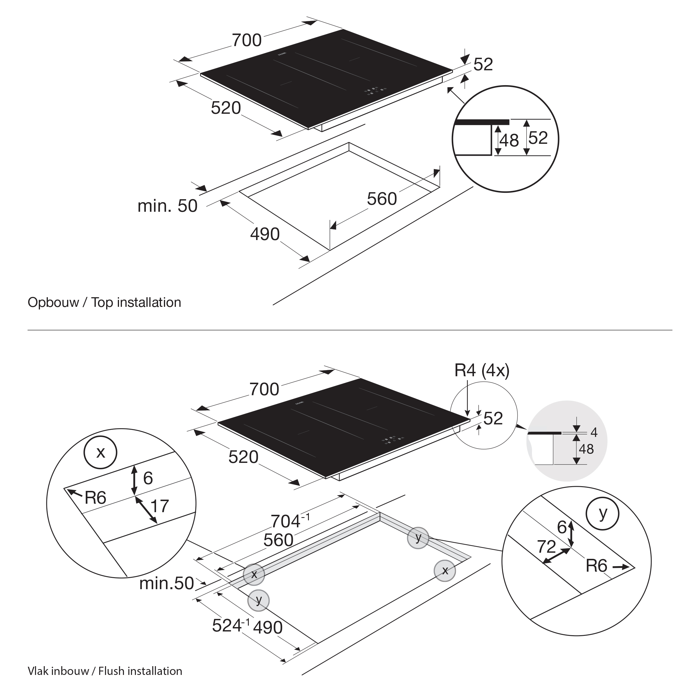 Diagram van een zwarte kookplaat met afmetingen en installatie-instructies. Bevat details van top- en vlakke installatie.