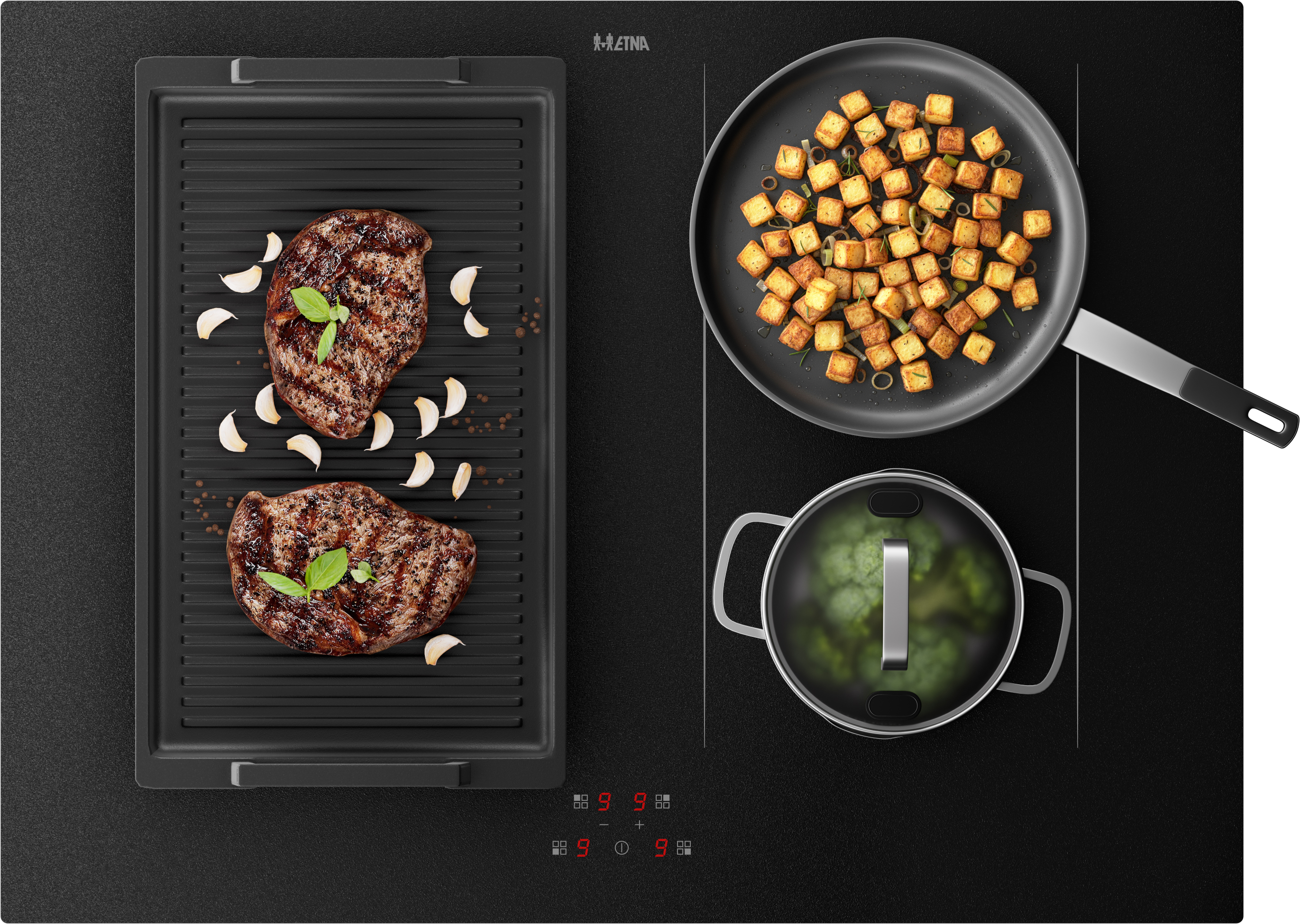 Bovenaanzicht van een zwart kookveld met biefstuk, aardappelen en broccoli. Biefstuk op een grill, aardappelen in een pan en broccoli in een pot.