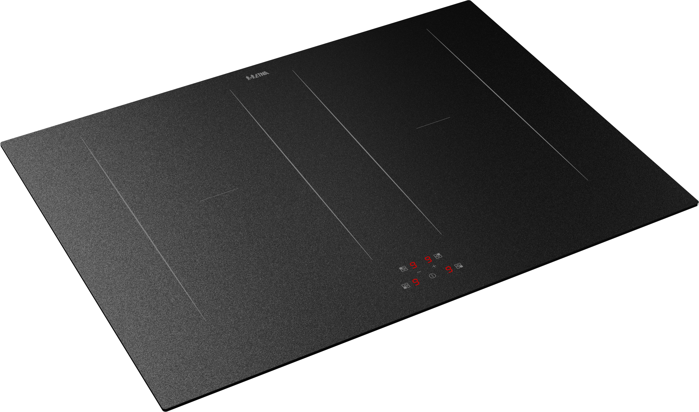 Een zwarte inductiekookplaat met Etna-logo. Het heeft vier kookzones, digitale displays en touch-bediening.
