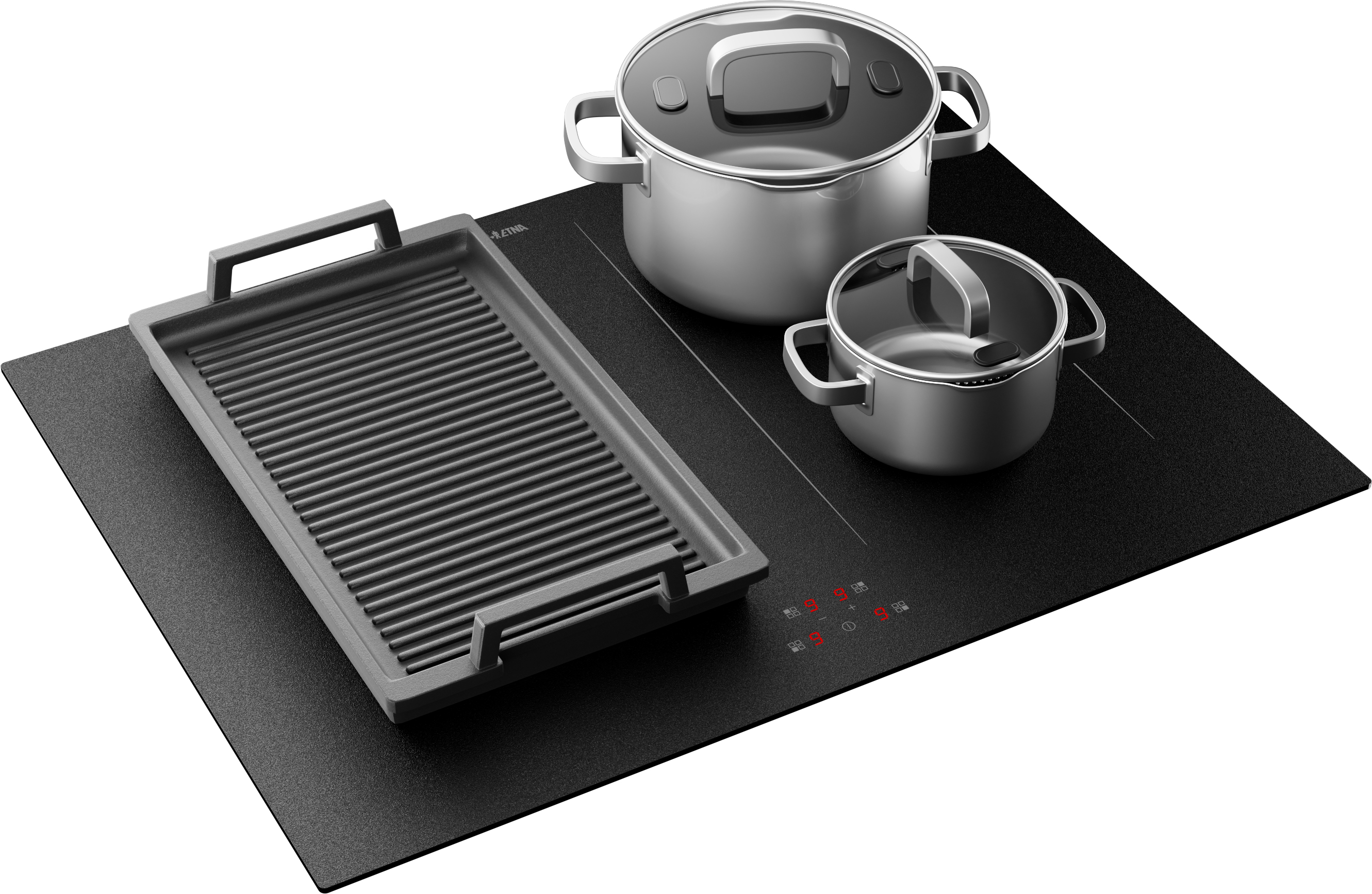 Een zwarte inductiekookplaat met twee potten en een grill. De kookplaat heeft rode digitale displays.