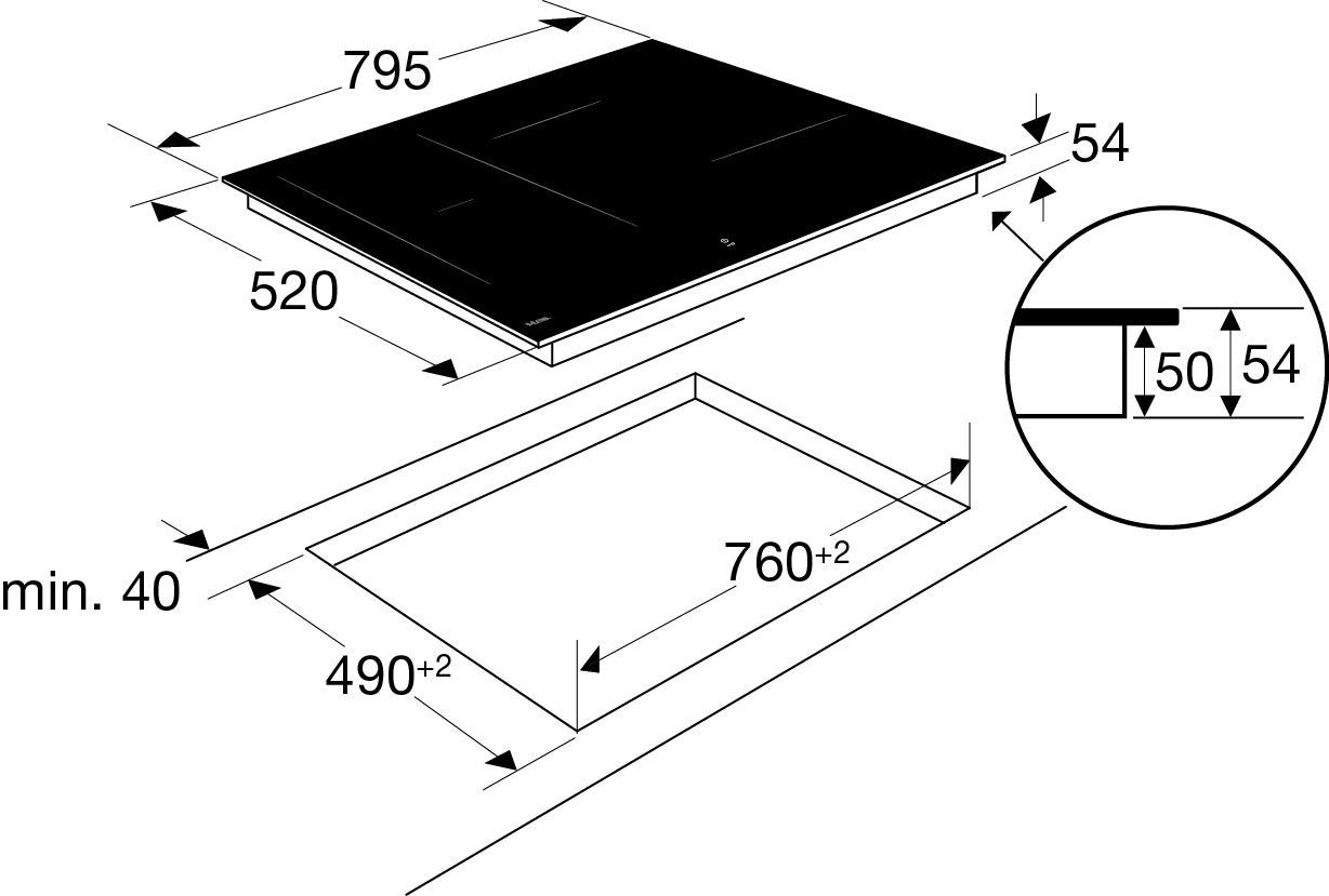 Diagram of a black induction cooktop with dimensions. A circular inset shows the cooktop's thickness.