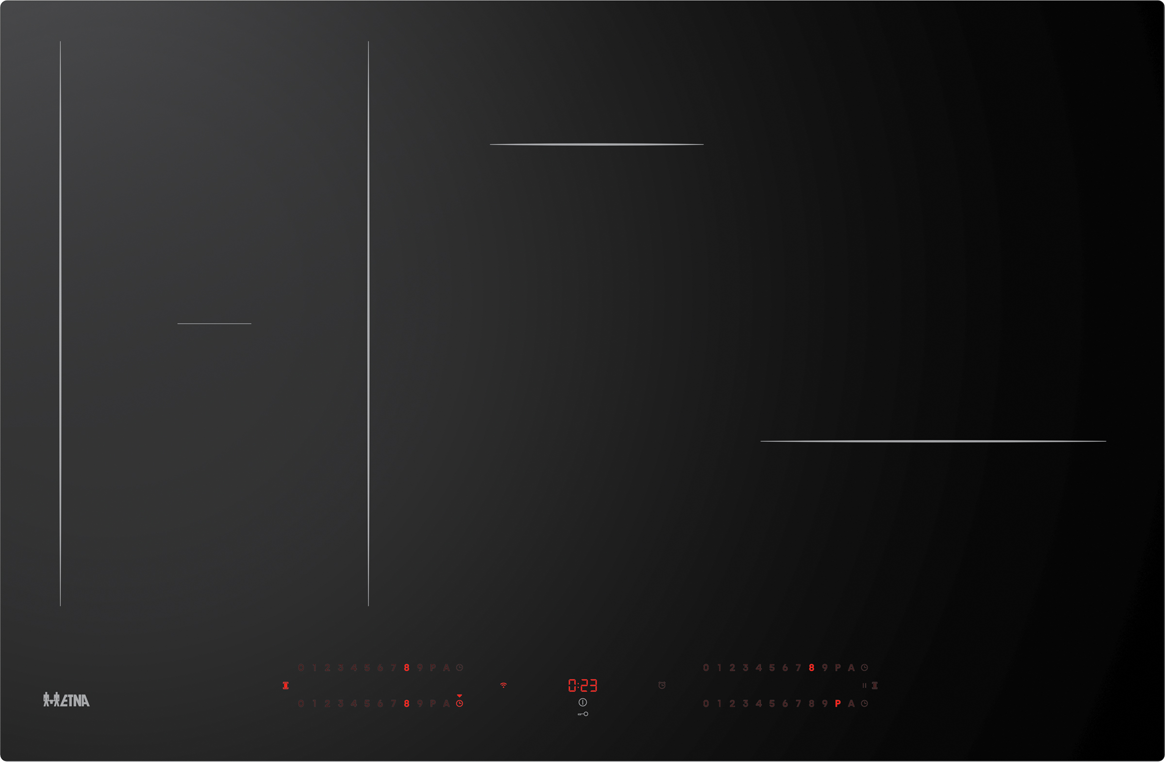 Black induction cooktop with white lines, red numbers, and the ETNA logo.