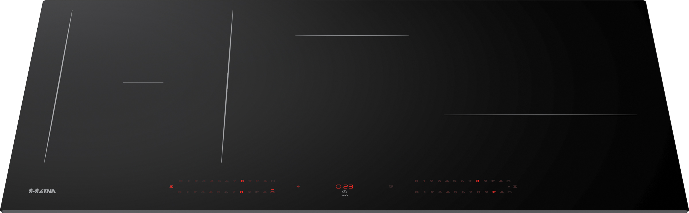 Black induction hob with red digital display showing 0:23. Has white lines marking cooking zones. Brand name on the left.