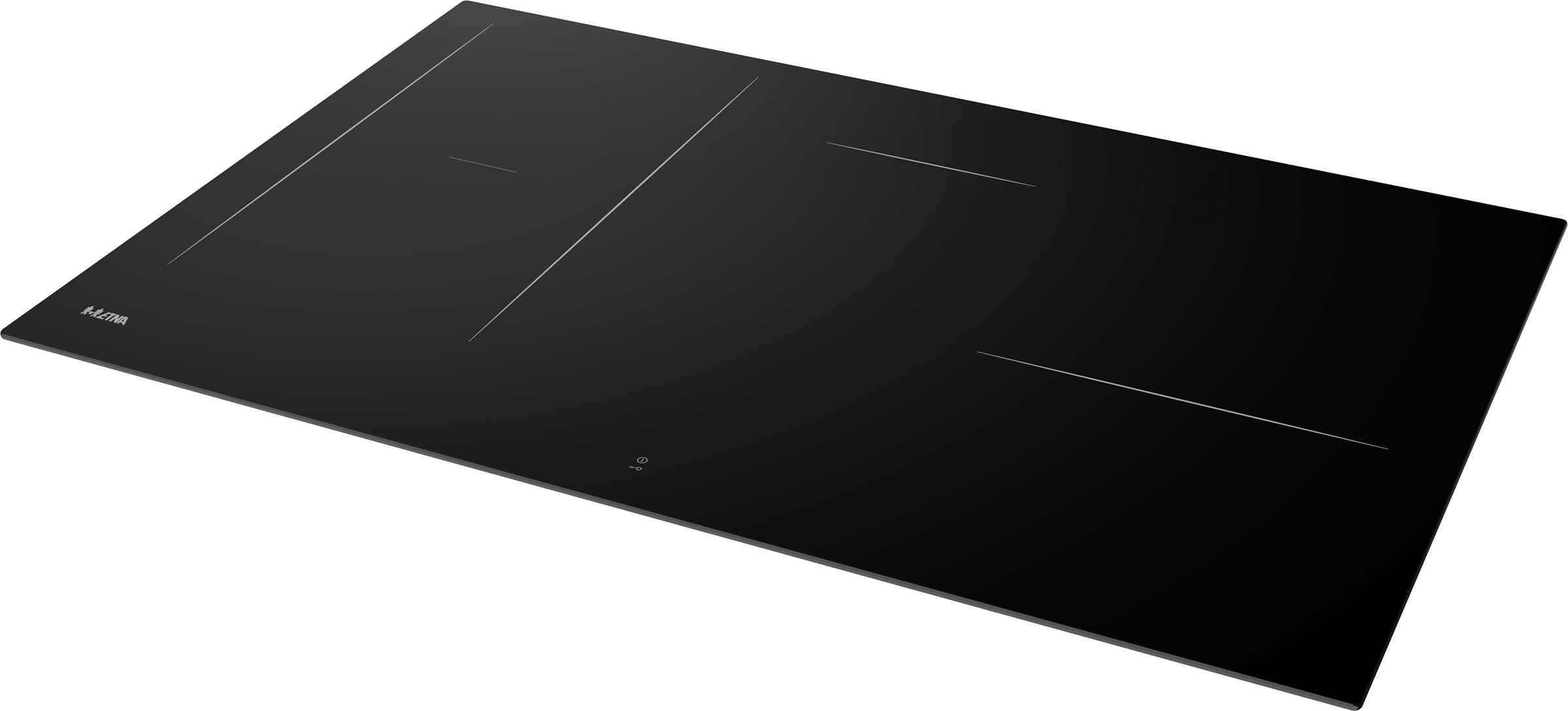 Black induction hob with four cooking zones, white lines, and a power button. The brand is Etna.