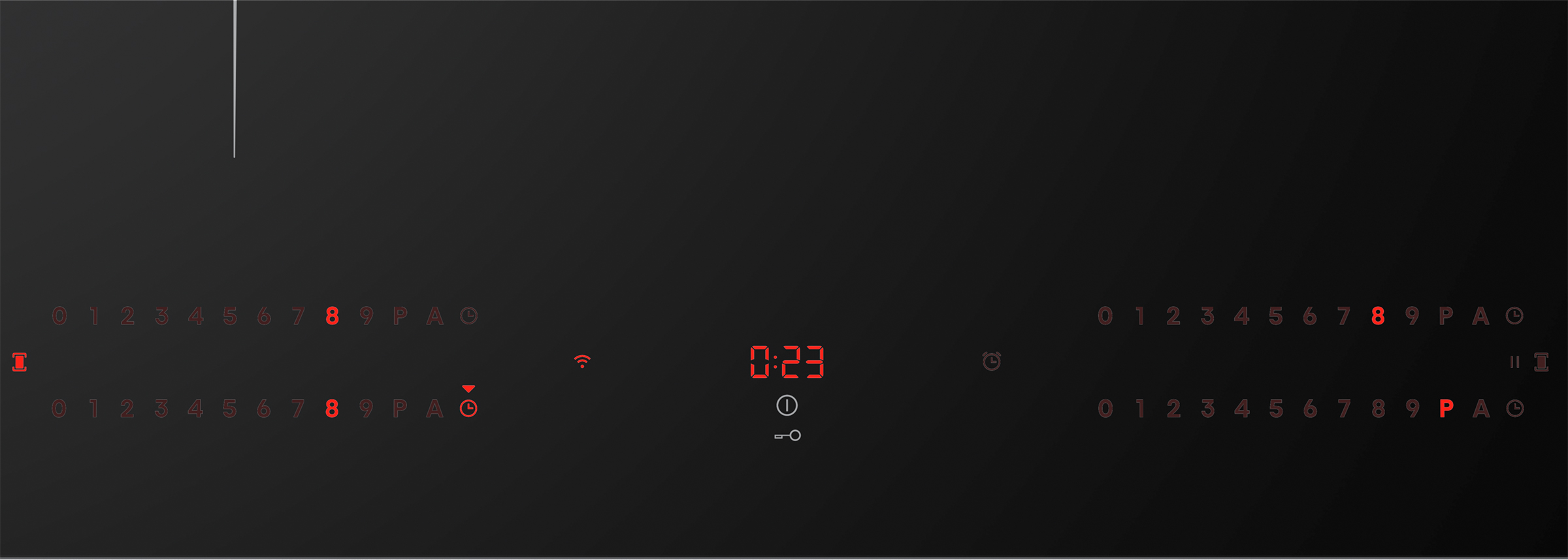 Black induction cooktop with red digital display showing '0:23'. Numbers and symbols are also in red. 