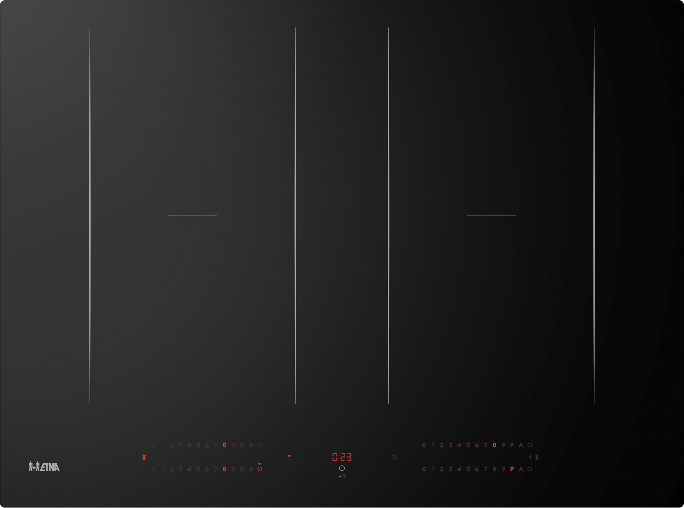 Black induction cooktop with red display and controls. Etna logo in the bottom left corner and a digital clock display.