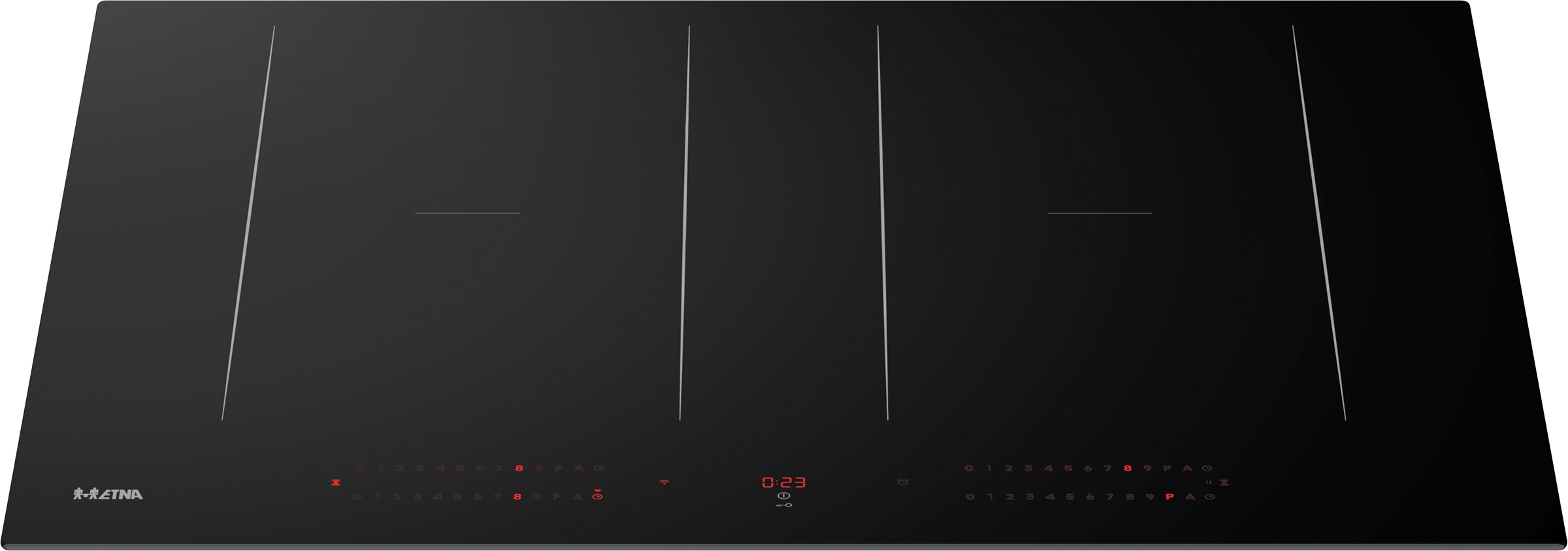 Black induction cooktop with two cooking zones, touch controls, red display, and the Etna logo.