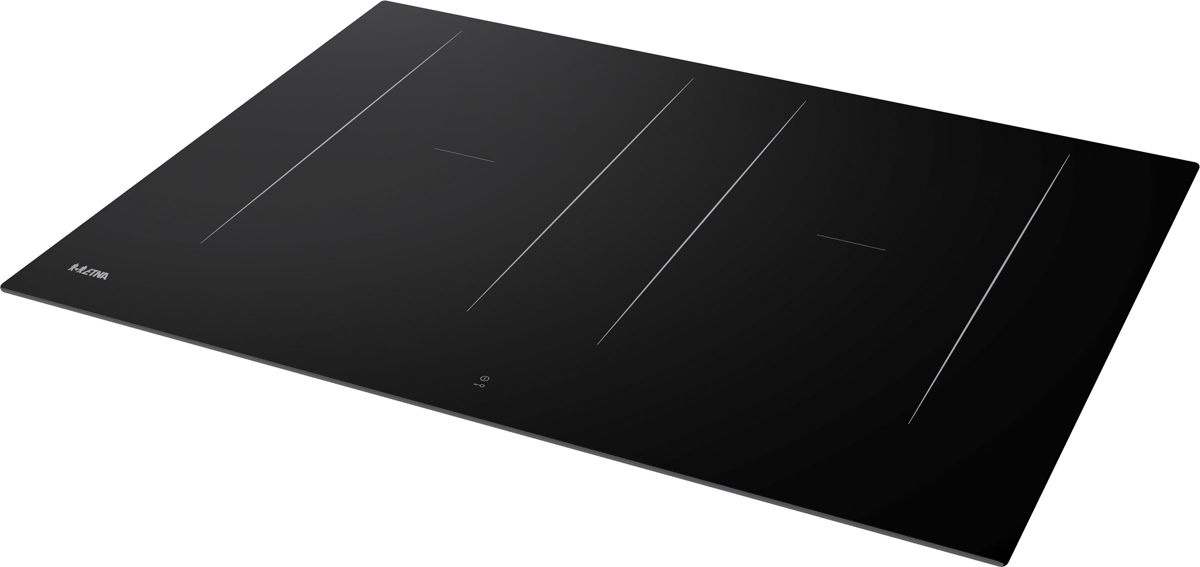 A black induction cooktop with four burners, control panel, and the brand name 'ETNA'. The cooktop is angled.