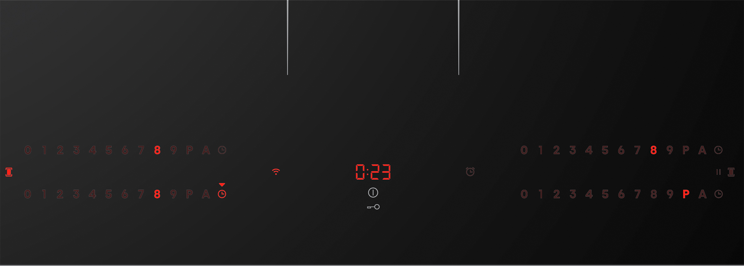 Black induction cooktop with red display showing 0:23. Numbers and symbols are also in red. Control panel with numbers.
