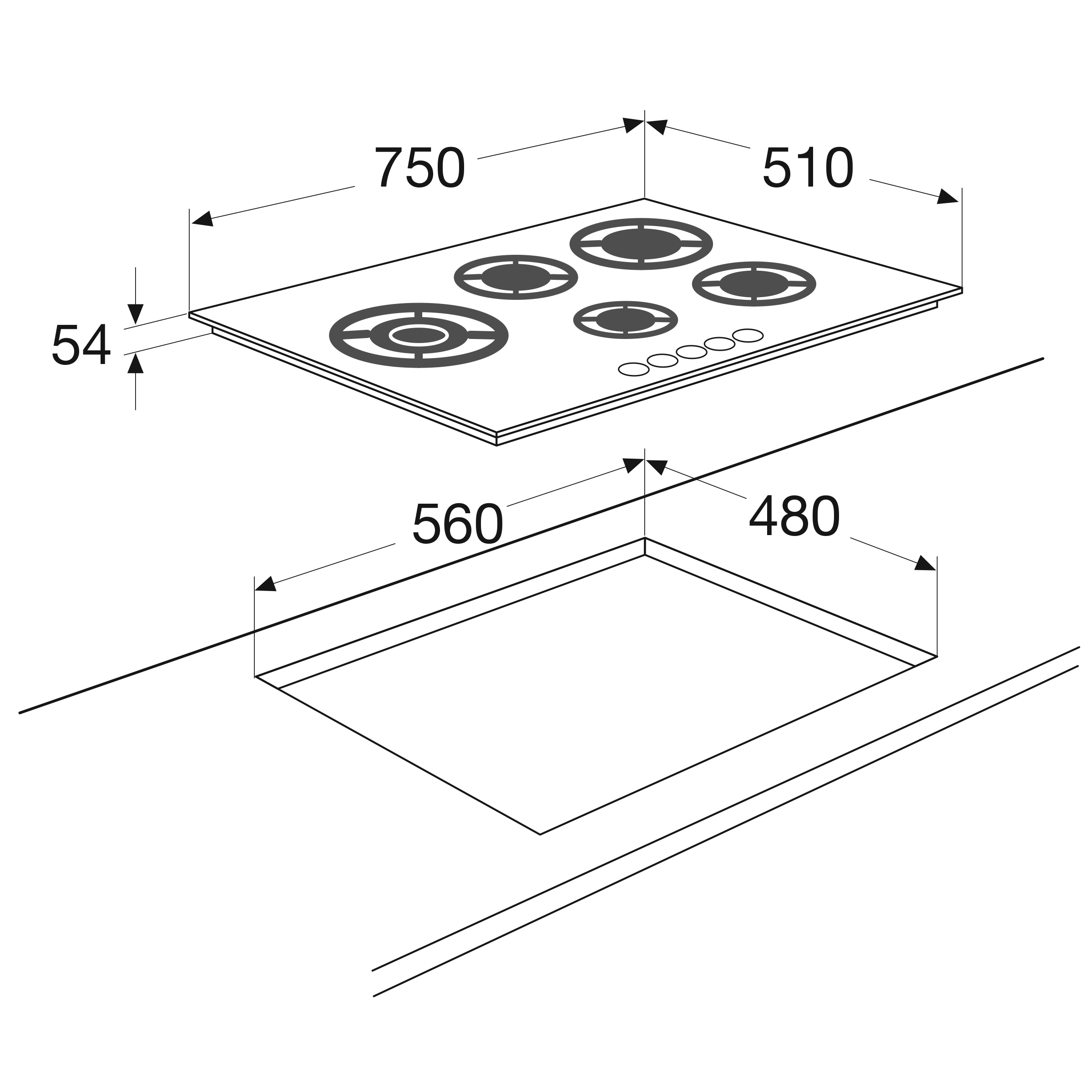 Diagram of a stovetop with dimensions. It has 5 burners and is set into a surface. Numbers indicate sizes.