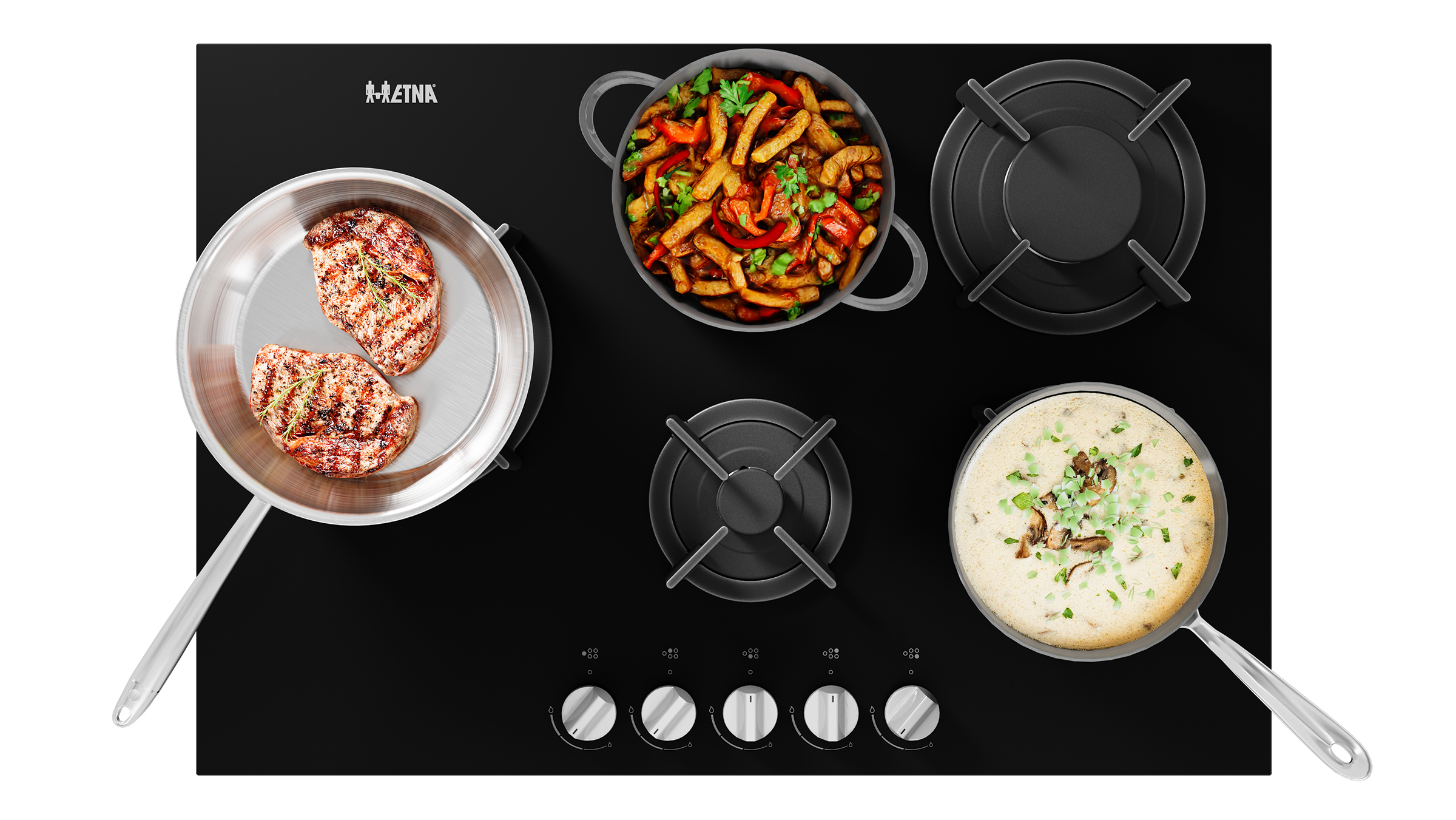 A black stovetop with various dishes: grilled steaks, sauteed vegetables, soup. Knobs and burners are also visible.