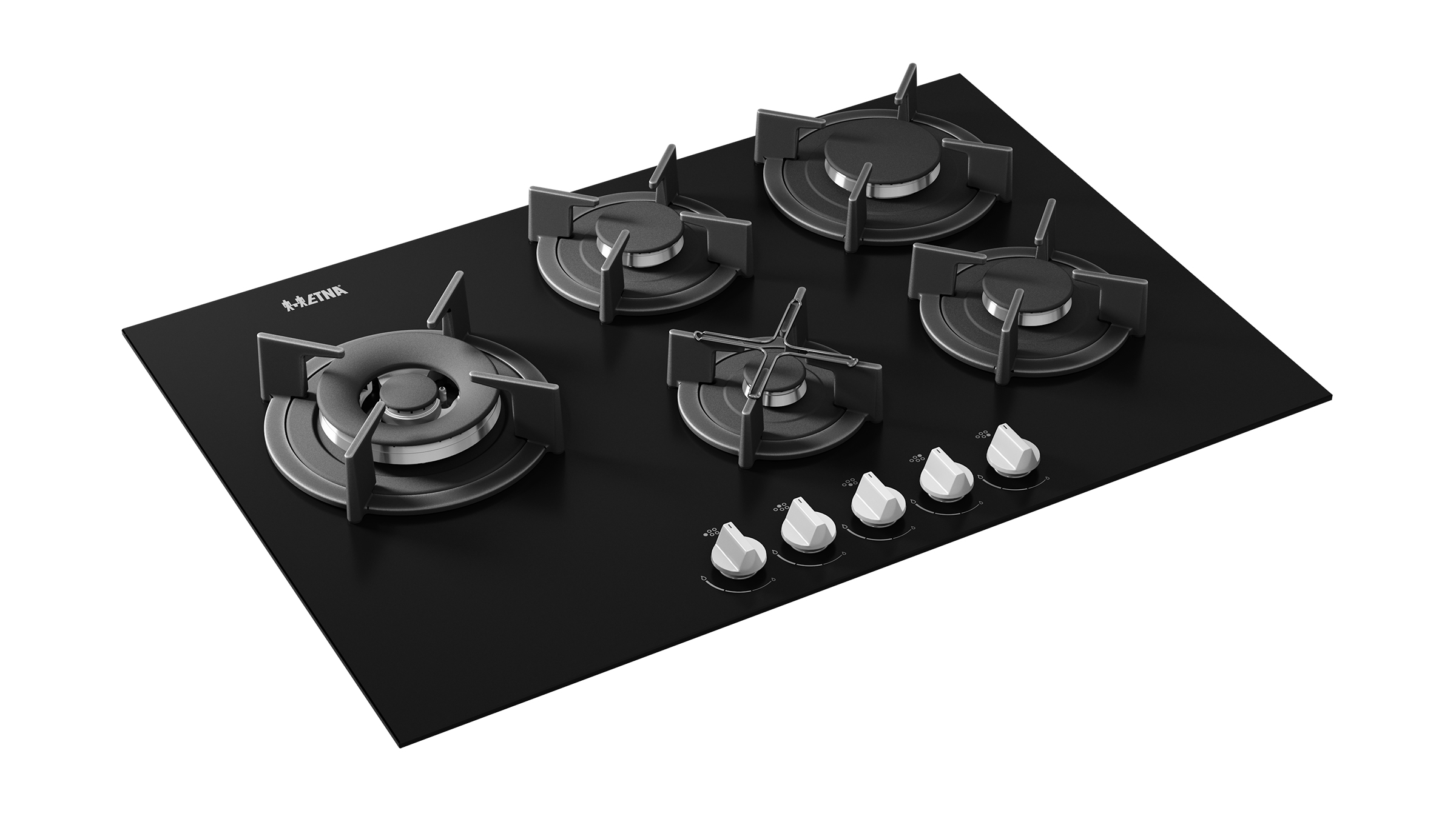 A black stovetop with five burners and white control knobs. The brand name is 'Atna'.