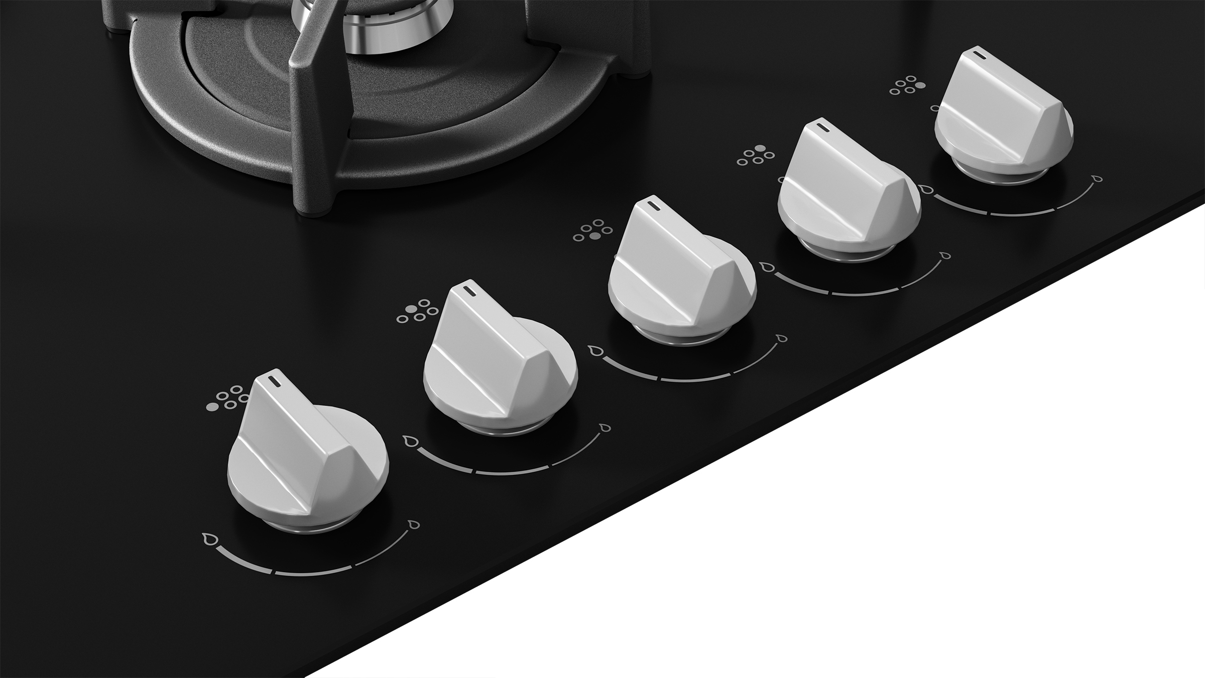 Close-up of a black stovetop with six white control knobs. Burner grates are visible. Knobs are in a row, with markings.