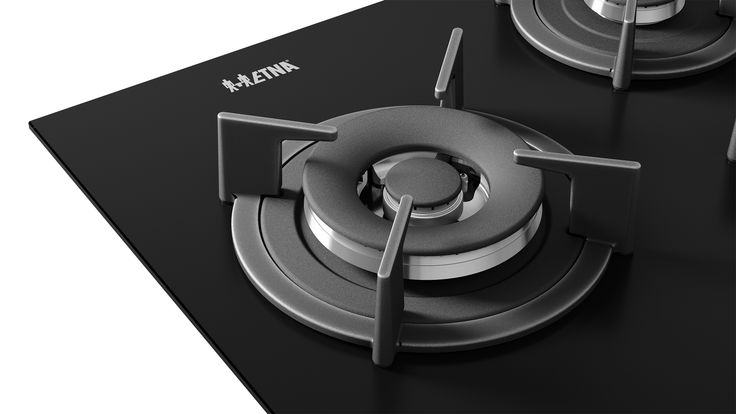 Close-up of a black stovetop with two burners. The burners are gray and the surface is glossy. The brand Etna is visible.