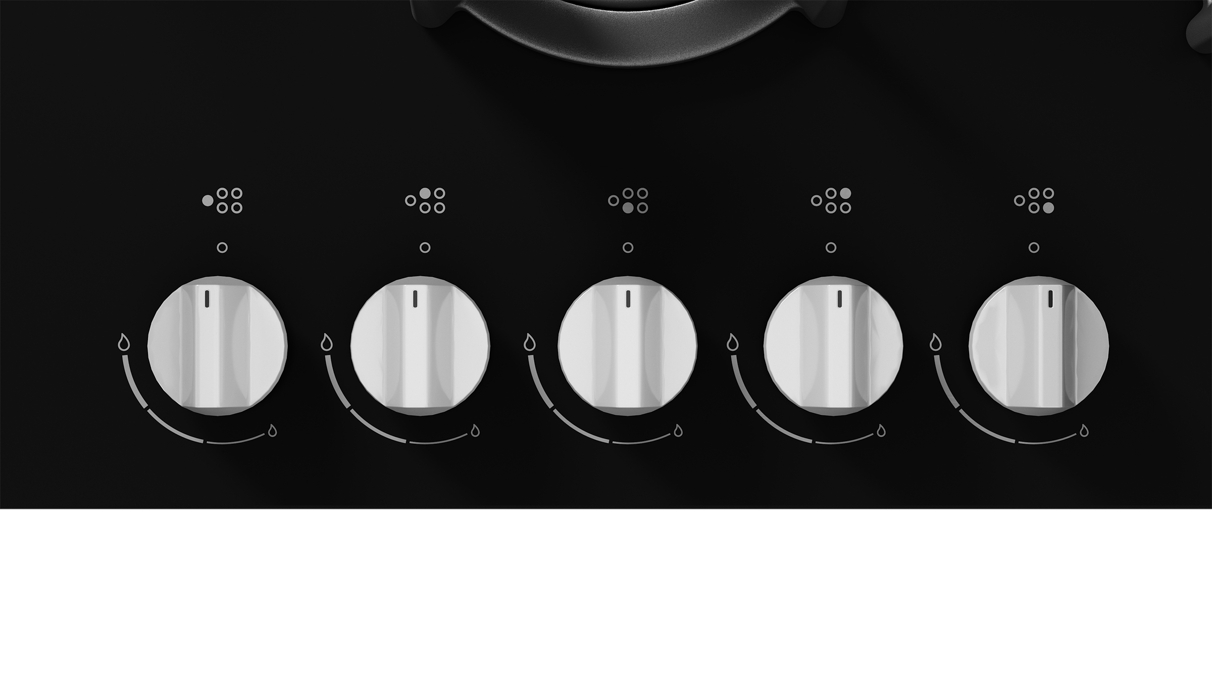 Black stovetop with five white knobs. Each has a marking, indicating heat levels. Burner indicators are above each knob.