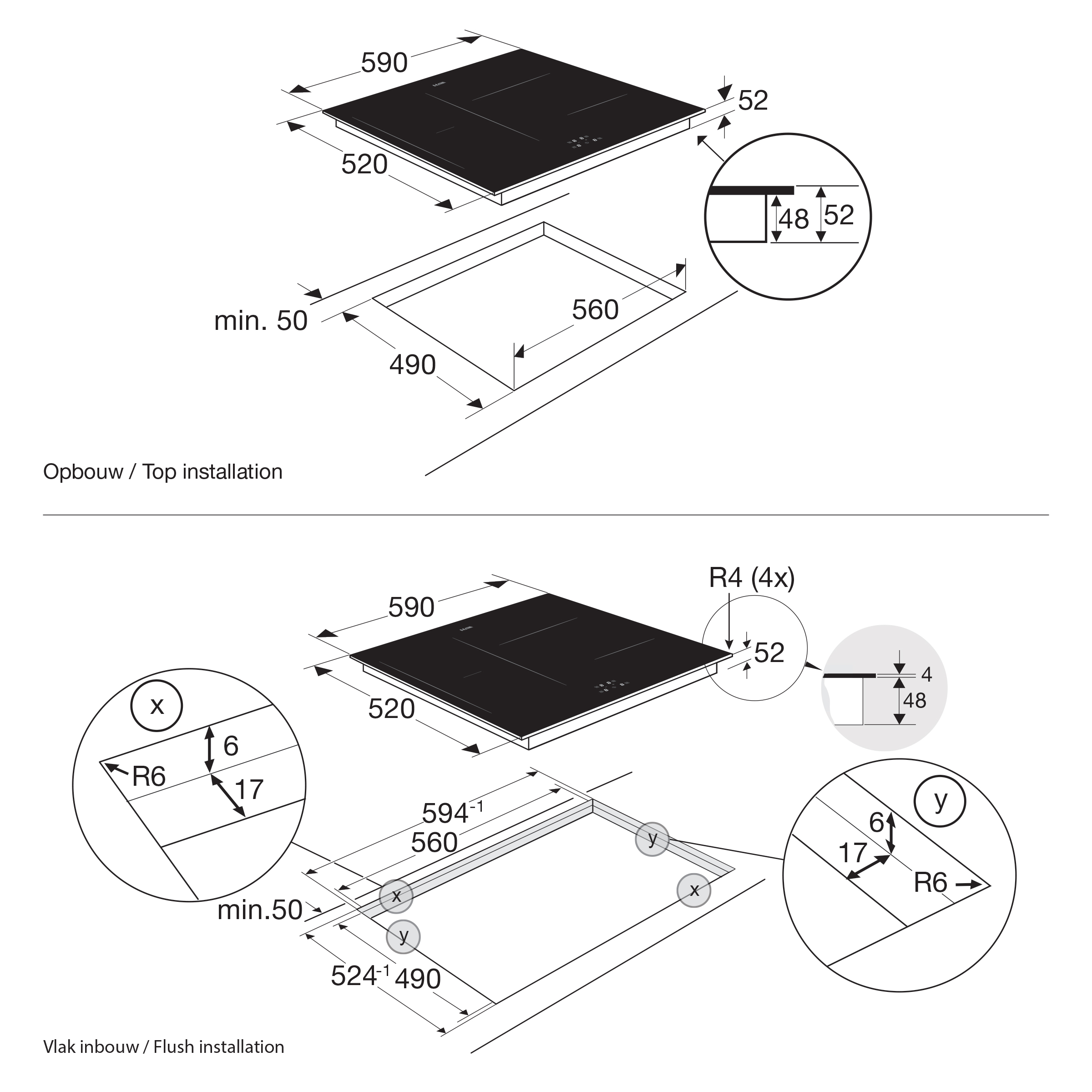 Diagram van een zwart kookveld met afmetingen en installatie-instructies, inclusief inbouw- en bovenaanzichten.