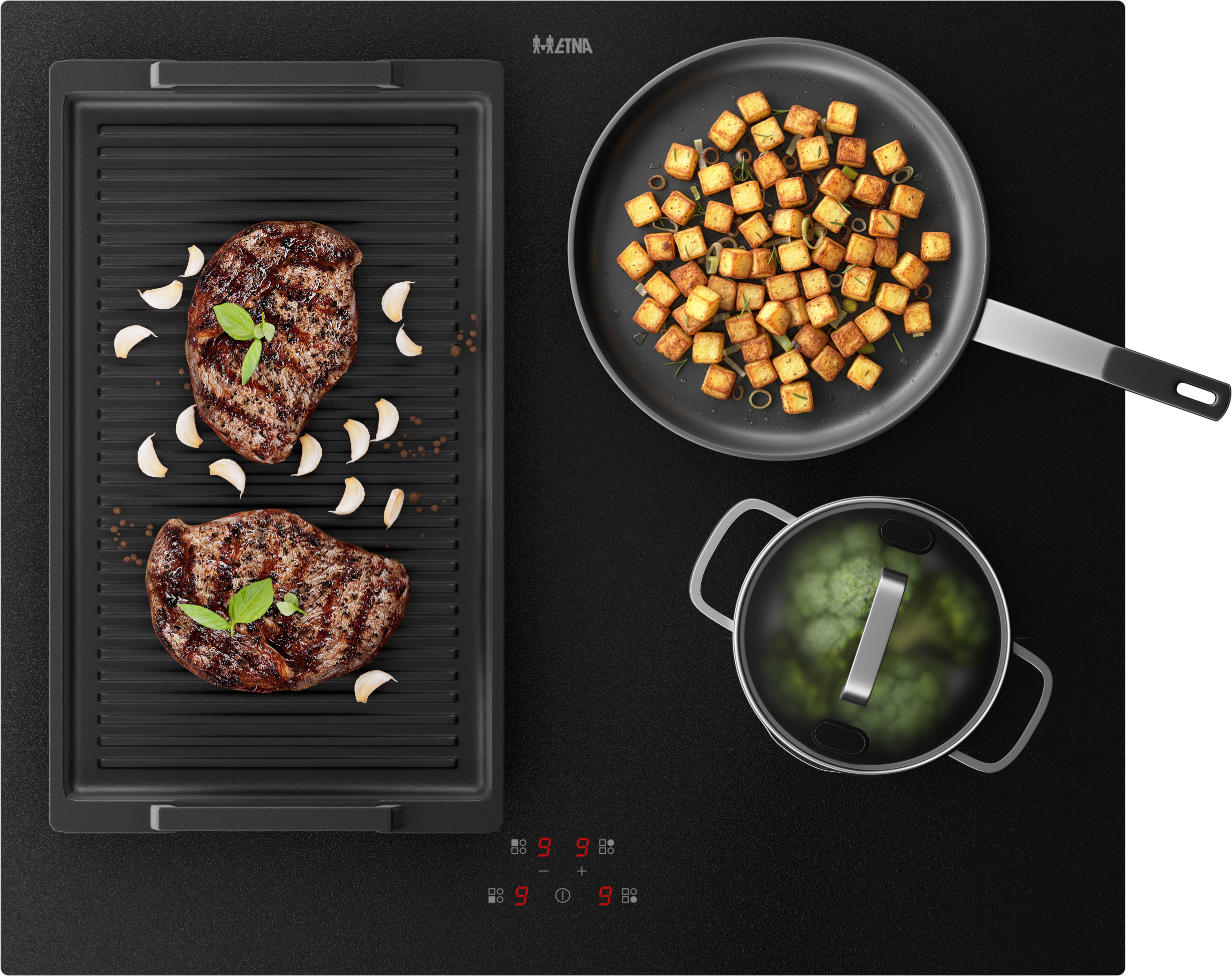 Bovenaanzicht van een zwarte kookplaat. Steaks op grill, aardappelen in pan, broccoli in pot.