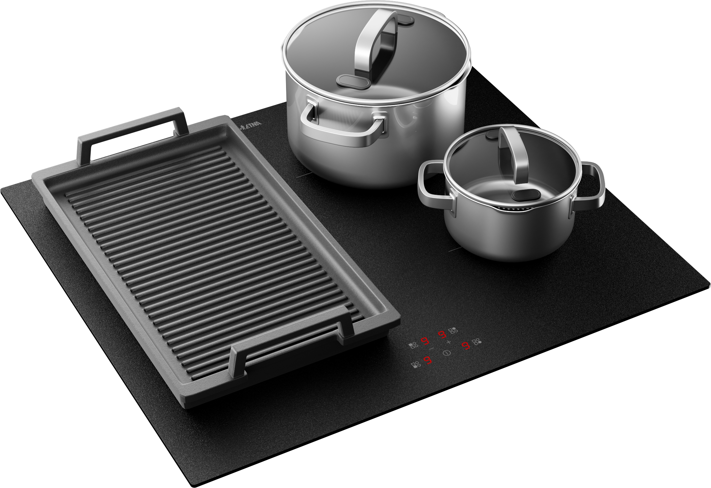 Een zwarte kookplaat met een grillpan, twee potten met glazen deksels. De kookplaat heeft rode digitale displays.