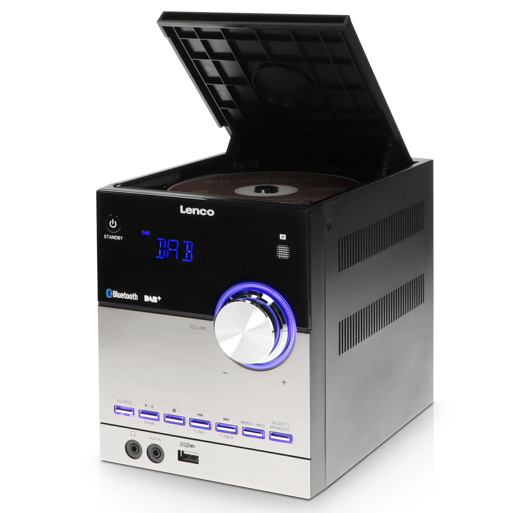 Ein Lenco CD-Player ist geöffnet. Eine CD ist sichtbar. Er hat eine silberne Front und einen schwarzen Deckel. Es hat Knöpfe und einen Lautstärkeregler.