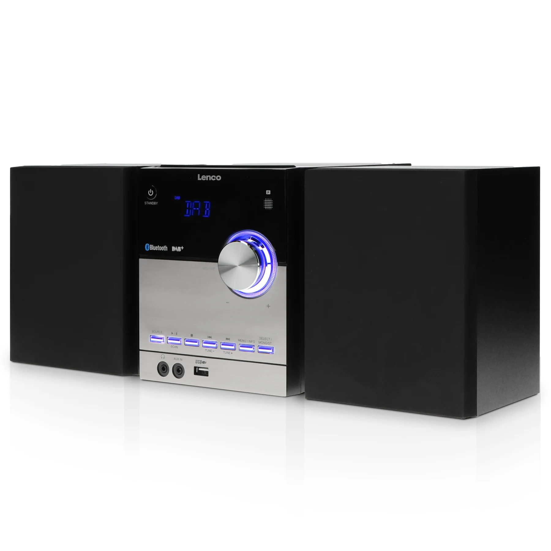 Ein Lenco DAB-Radio mit schwarzen Lautsprechern auf jeder Seite. Das Radio ist silber und schwarz mit blauem Display und Lautstärkeregler.