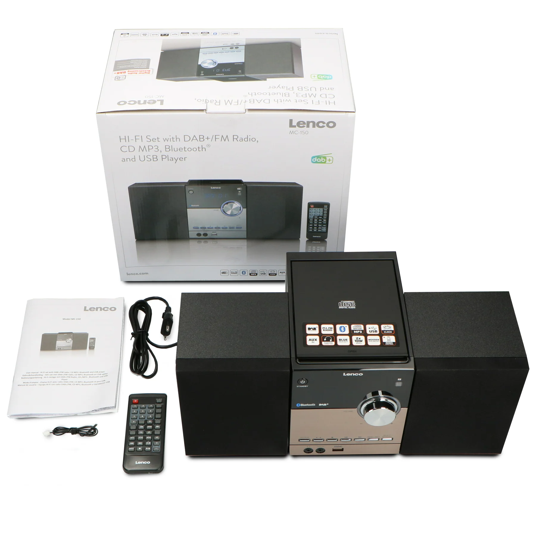 Ein Lenco Hi-Fi-Set mit DAB/FM-Radio, CD-Player, Bluetooth und USB-Anschluss, mit Fernbedienung, Kabeln und Handbuch.