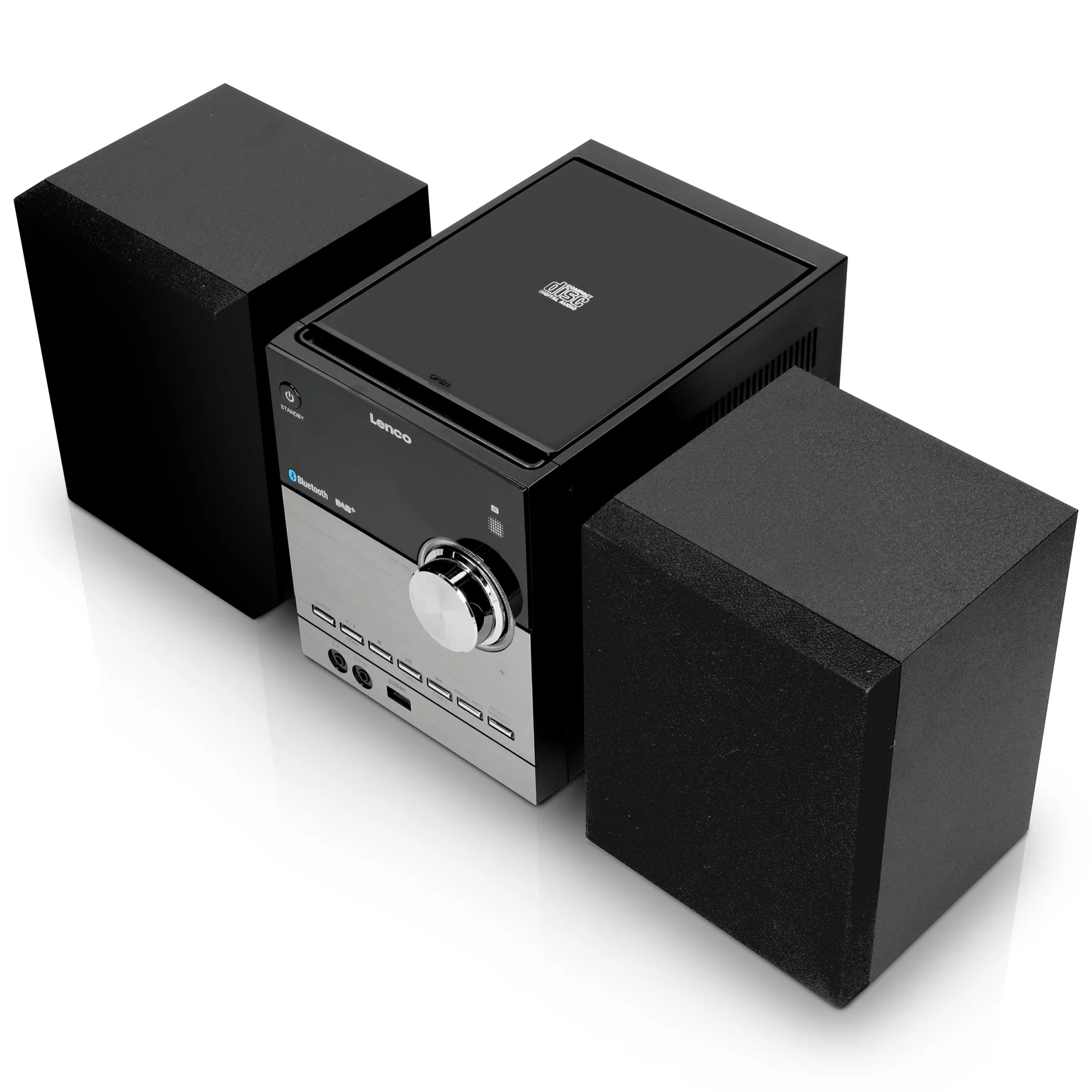 Ein schwarz-silbernes Lenco-Stereosystem mit zwei Lautsprechern. Das System hat einen CD-Player und Bluetooth.
