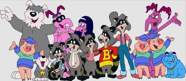 Zeichentrickgruppe von Tieren. Enthält Schweine, Waschbären, hundeartige Charaktere, ein blaues Monster und ein lila Wesen. Sie lächeln und posieren.