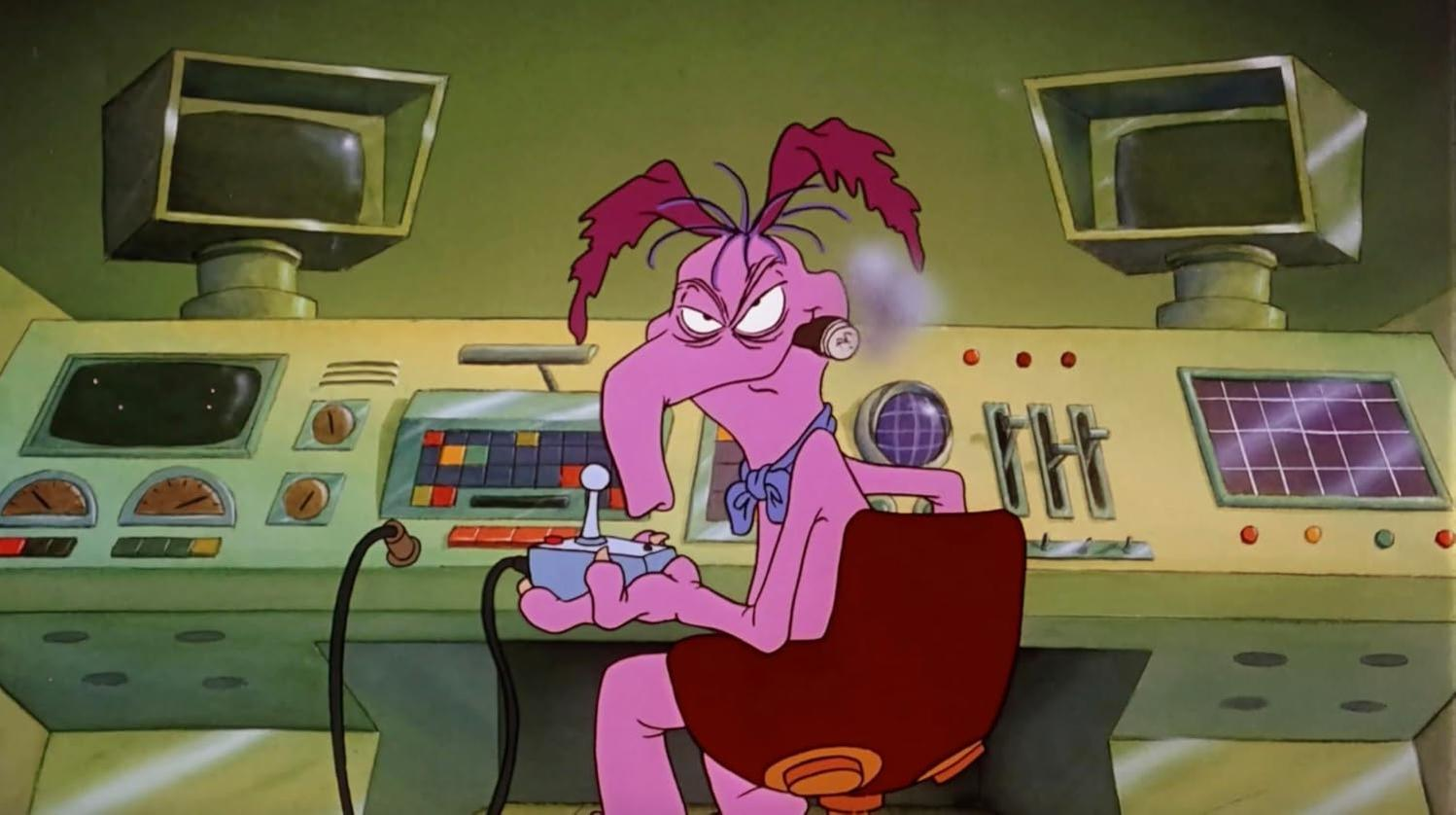 Ein rosa Alien mit Zigarre sitzt an einem Bedienfeld und hält einen Joystick. Hinter ihm befinden sich zwei Bildschirme.