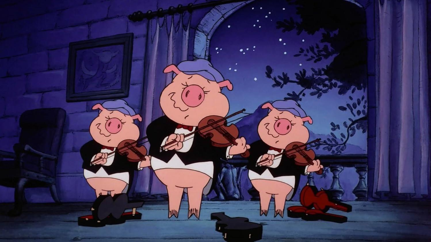 Drei Schweine in Frack spielen Geige unter einem Sternenhimmel. Koffer liegen am Boden. Ein Gemälde hängt an der Wand.