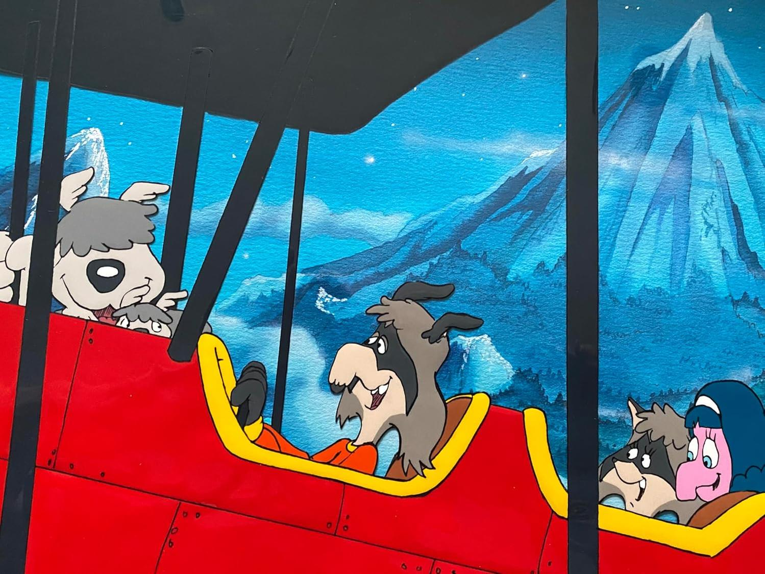 Cartoon-Szene in einem roten Flugzeug mit Zeichentricktieren, Bergen und blauem Himmel mit Sternen im Hintergrund.