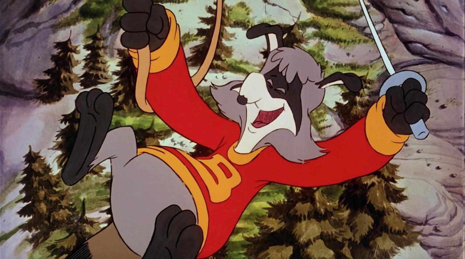 Ein Cartoon-Waschbär in roter Kleidung schwingt mit einem Schwert. Der Hintergrund zeigt Bäume und einen Berg.
