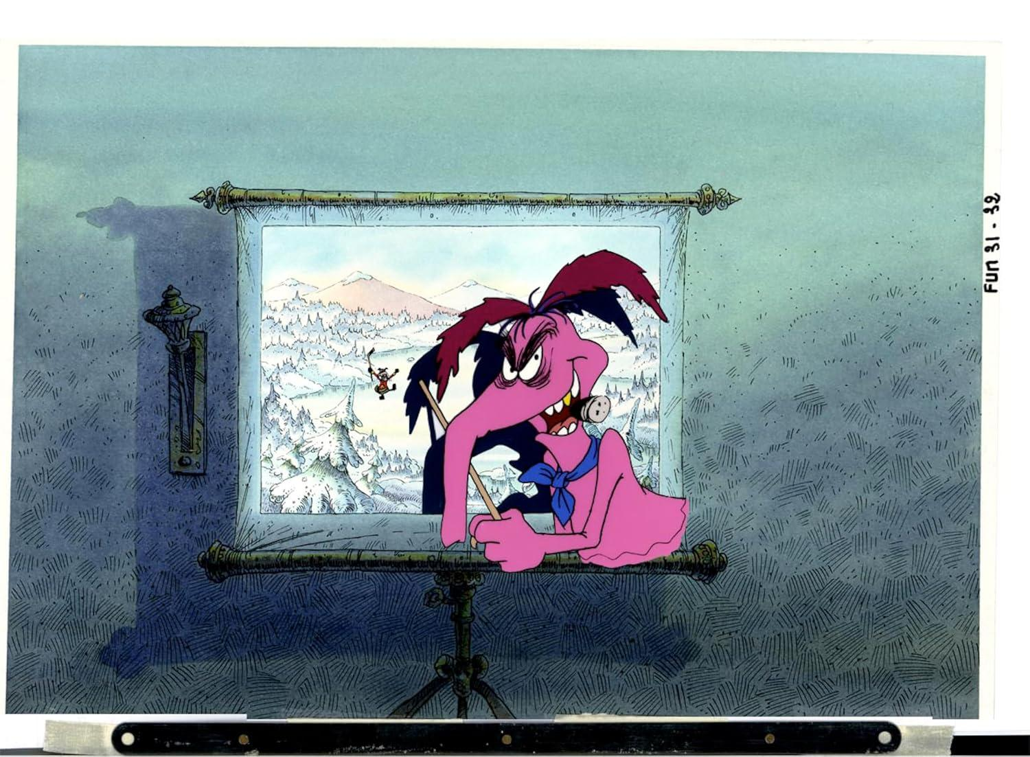 Cartoonfigur mit Zigarre, die aus einem Fenster mit einer schneebedeckten Landschaft mit Skifahrern blickt. Links ist eine Wand mit einer Lampe.