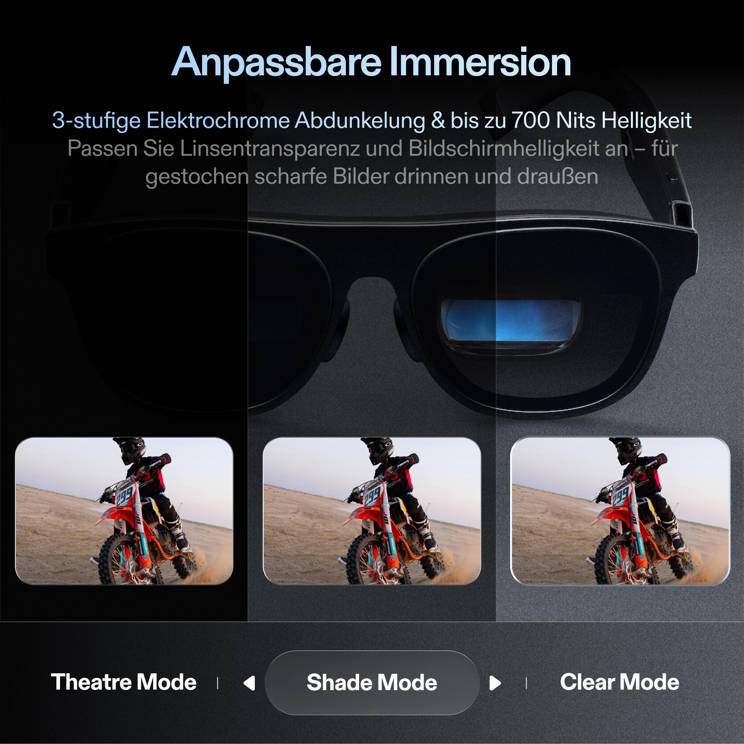 Bild zeigt intelligente Brille mit drei Modi, die einen Motocross-Fahrer zeigt. Text deutet auf anpassbare Immersion hin.