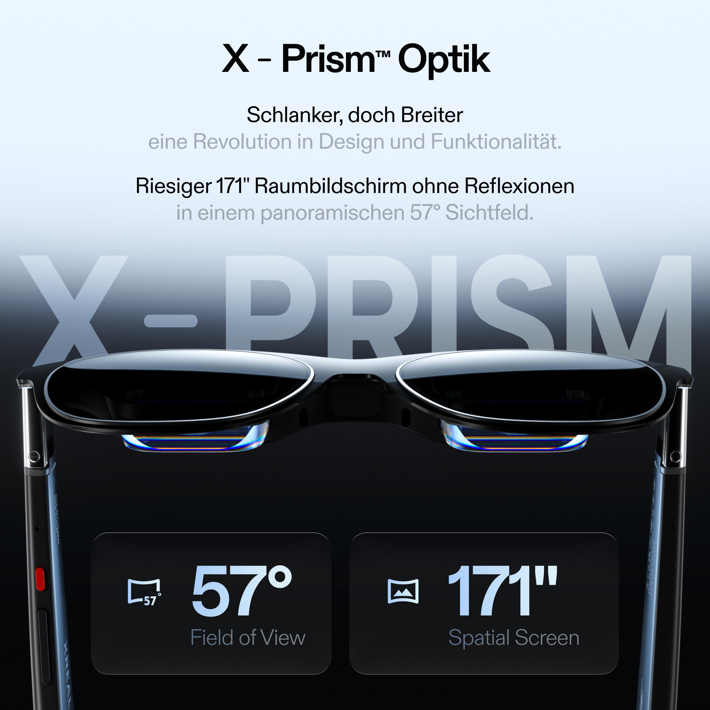 Schwarze Brille mit Text: X-Prism Optik, 57° Sichtfeld, 171" Bildschirm. Der Hintergrund ist blau.