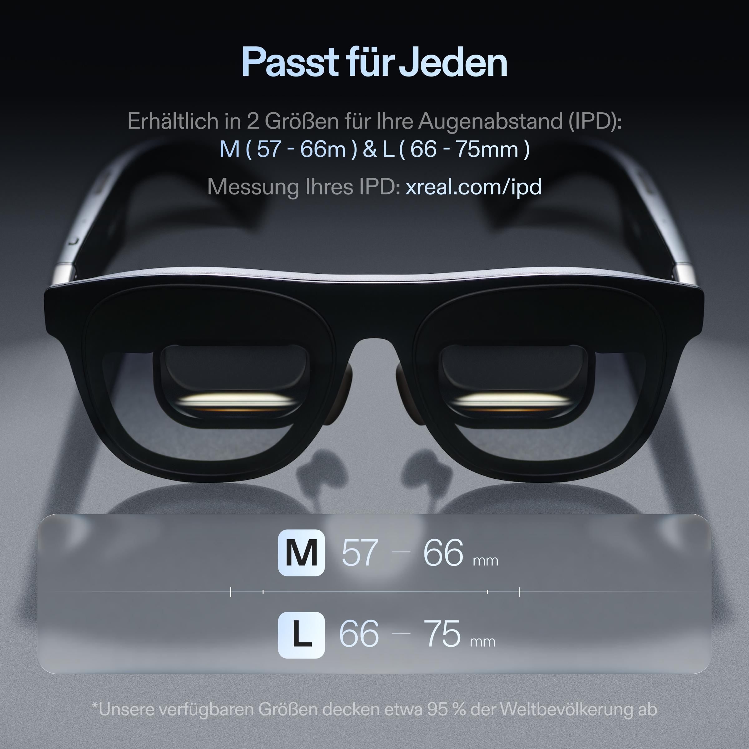 Das Bild zeigt eine Smart-Brille mit Text über Größen (M, L) und IPD-Messung. Der Text ist auf Deutsch.