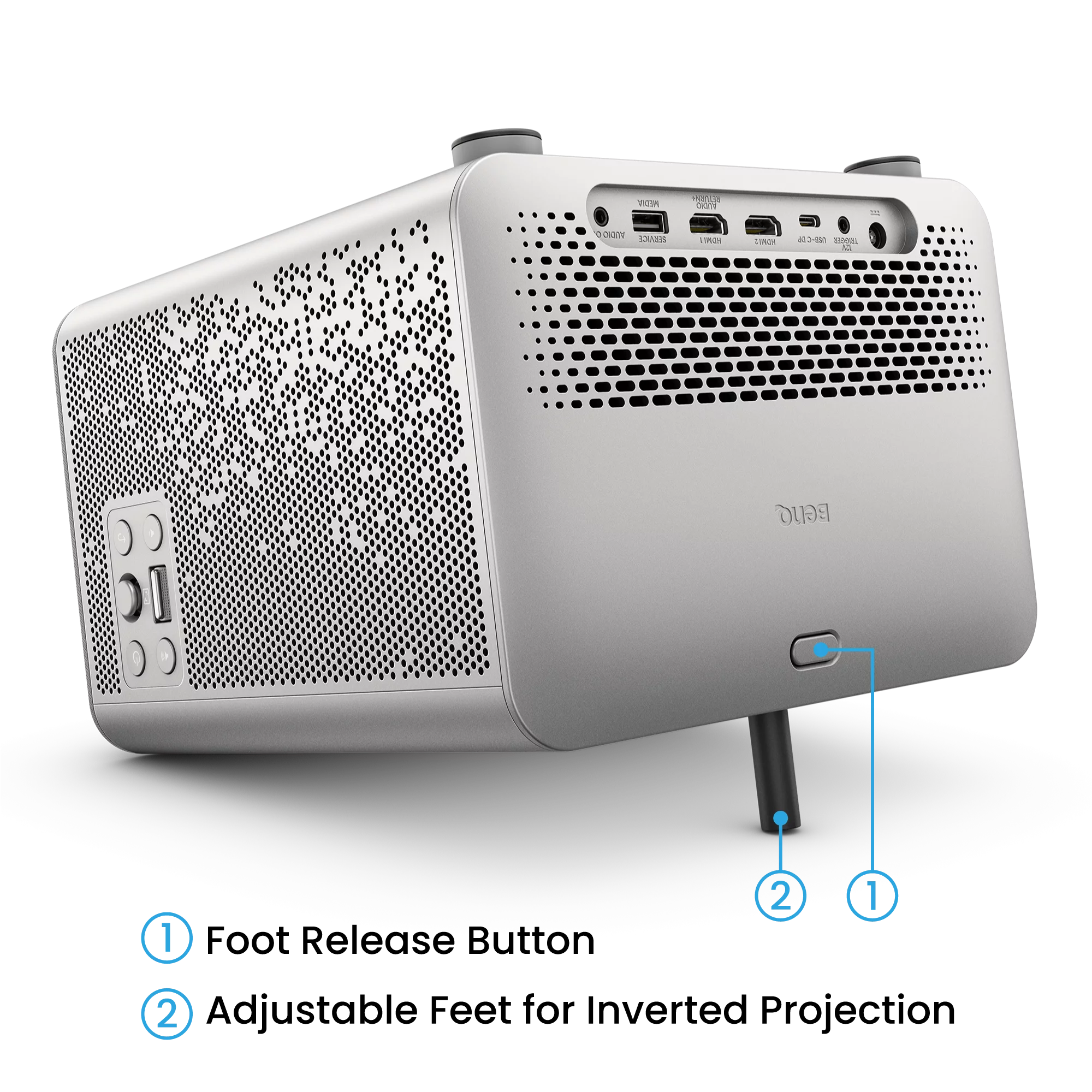 Ein silberner BenQ-Projektor mit mehreren Anschlüssen. Er hat eine perforierte Seite und Bedientasten. Ein schwarzes Kabel ist angeschlossen.